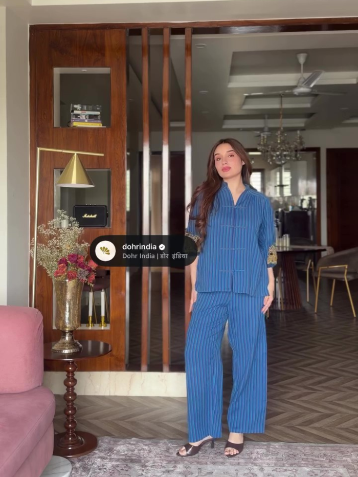 Tanya Sharma In Sama Blue Embroidered Yarn Dyed Handcrafted Co-ord Set
