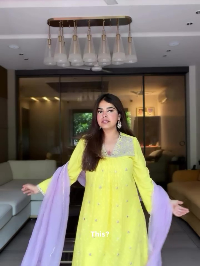 Kamya Gupta In Avena Yellow Mirror Work Jacquard Handcrafted Kurta Set