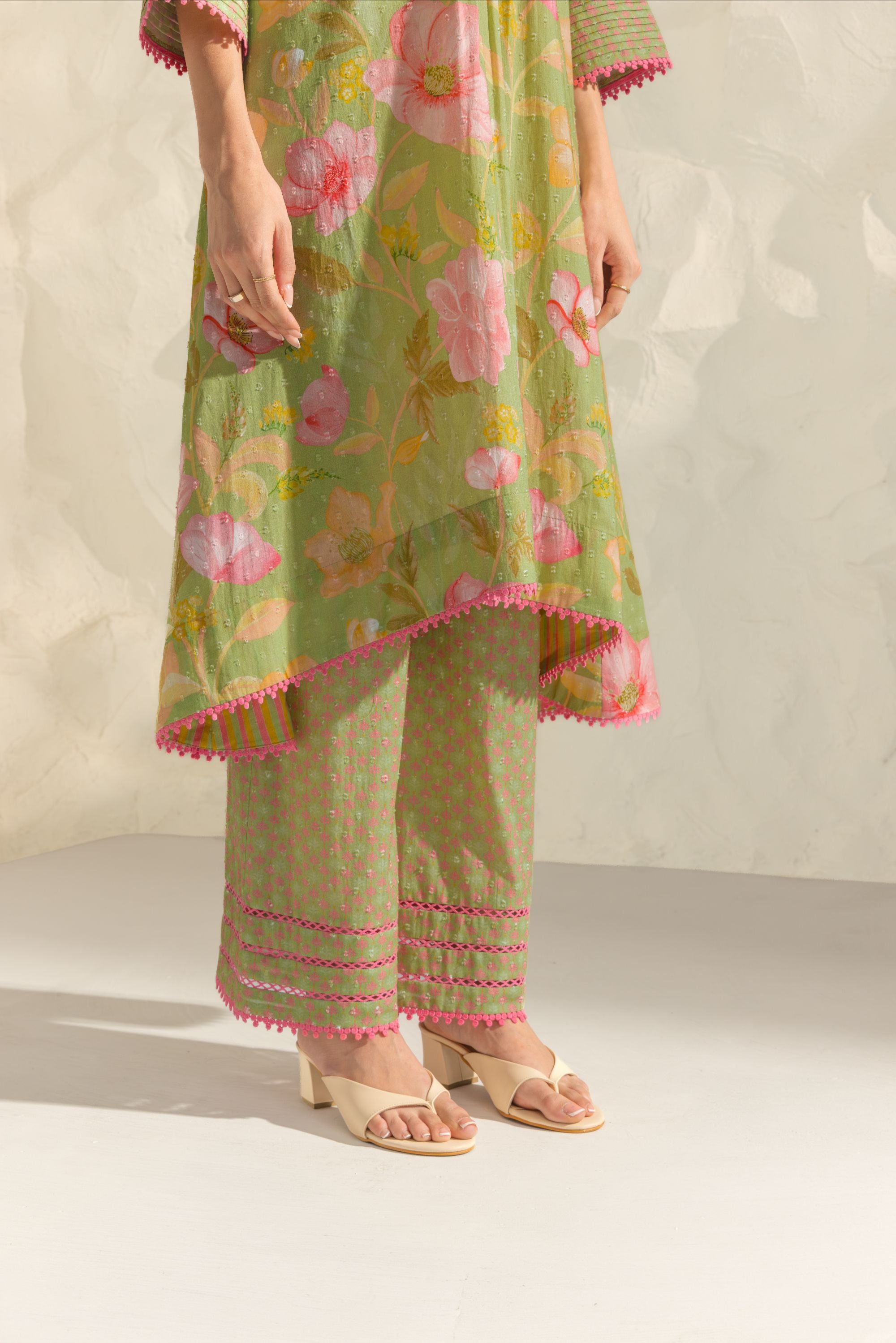 Ranya Green & Pink Handcrafted Floral Printed Cotton Dobby A-line Long Kurta Set