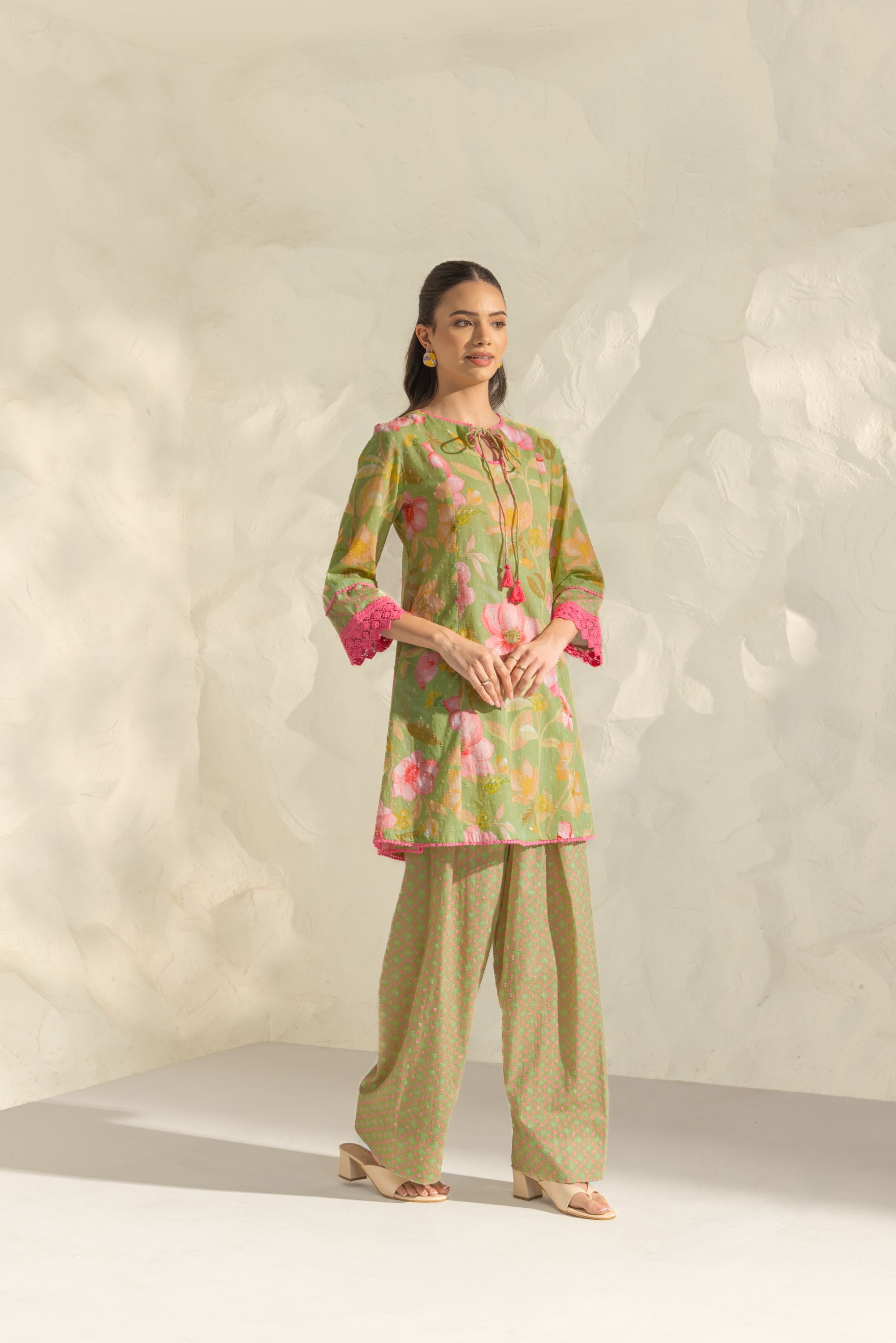 Vanya Green & Pink Cotton Printed Short Kurta Set with Farshi Salwar