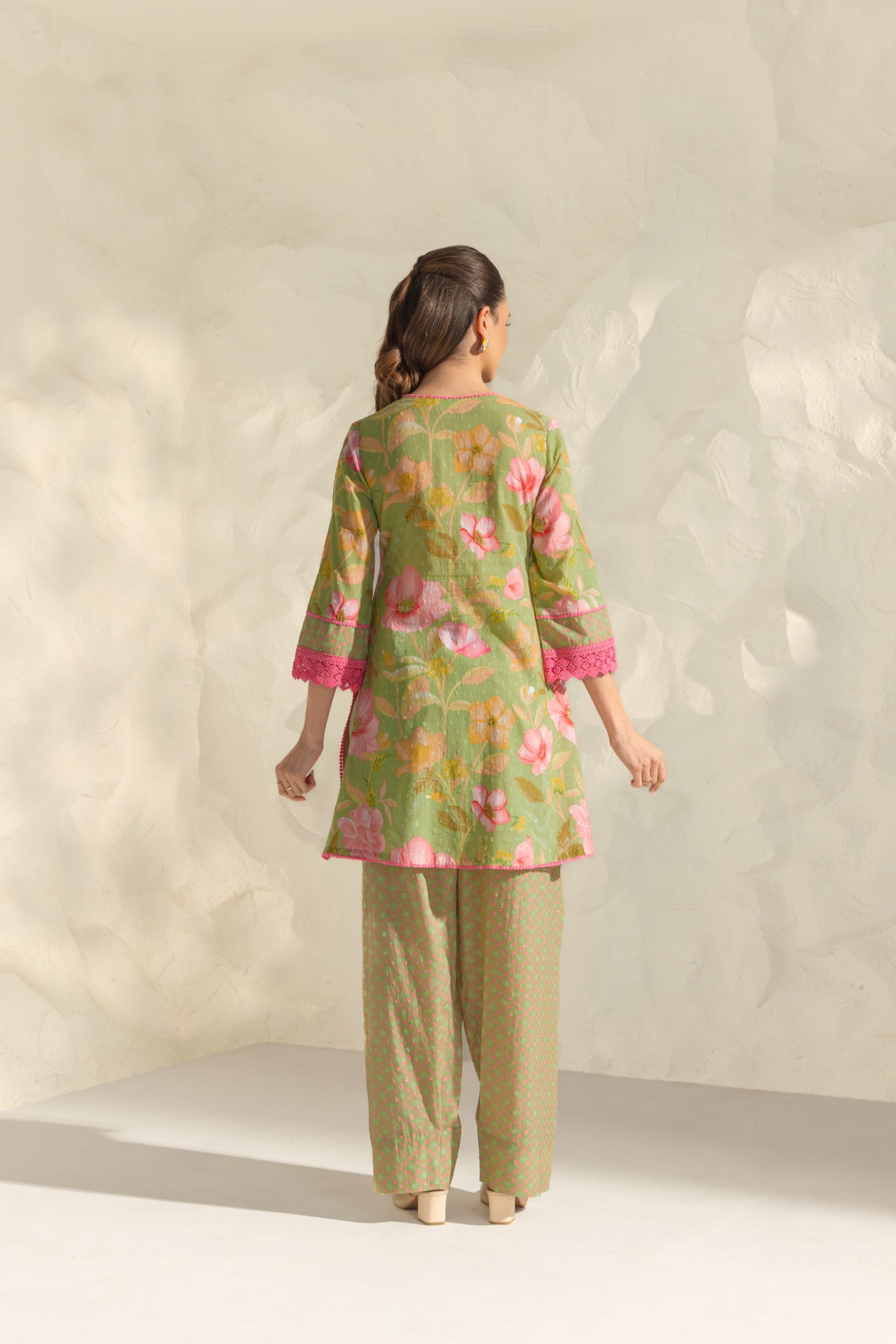 Vanya Green & Pink Cotton Printed Short Kurta Set with Farshi Salwar