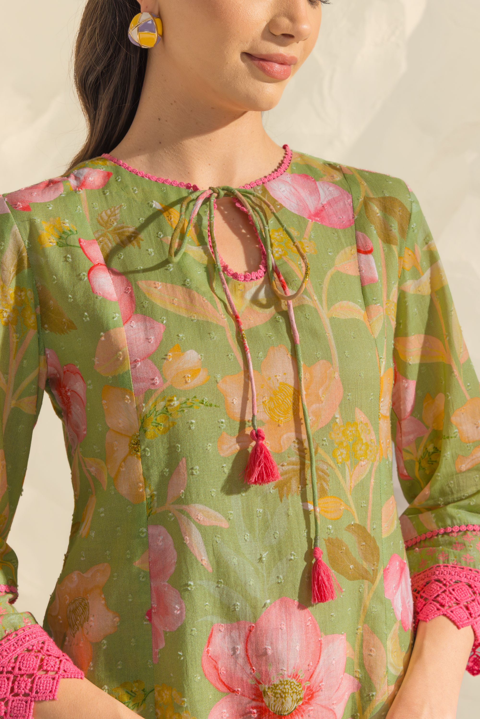 Vanya Green & Pink Cotton Printed Short Kurta Set with Farshi Salwar