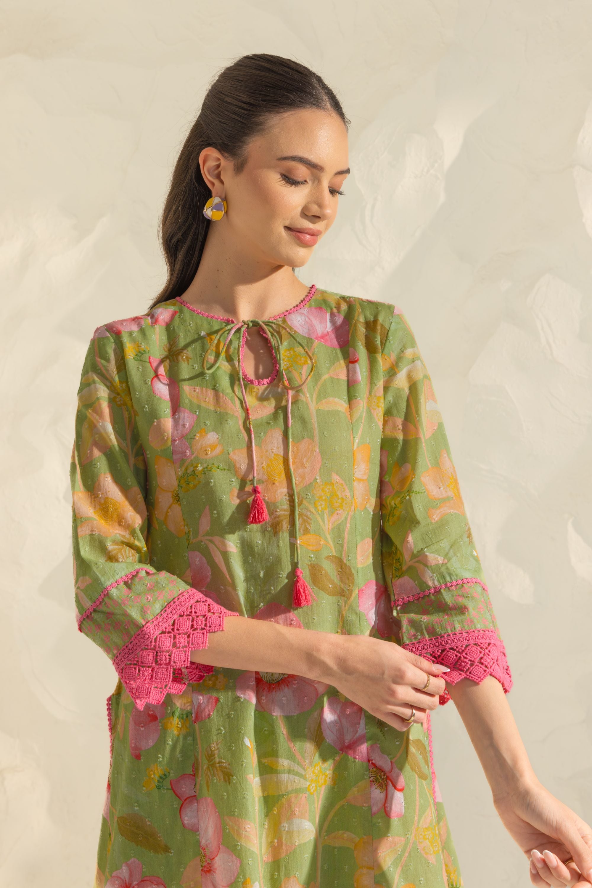 Vanya Green & Pink Cotton Printed Short Kurta Set with Farshi Salwar