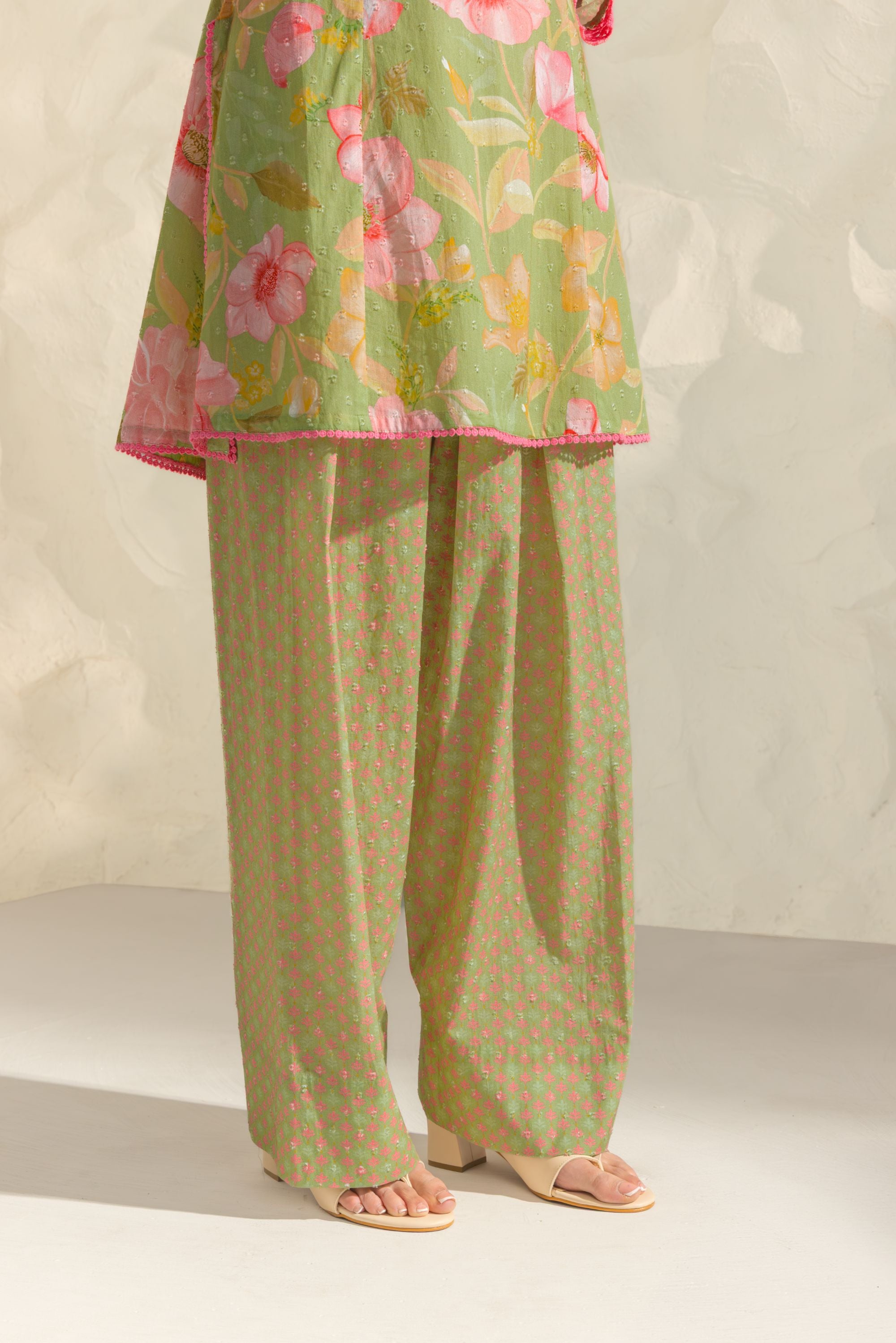 Vanya Green & Pink Cotton Printed Short Kurta Set with Farshi Salwar