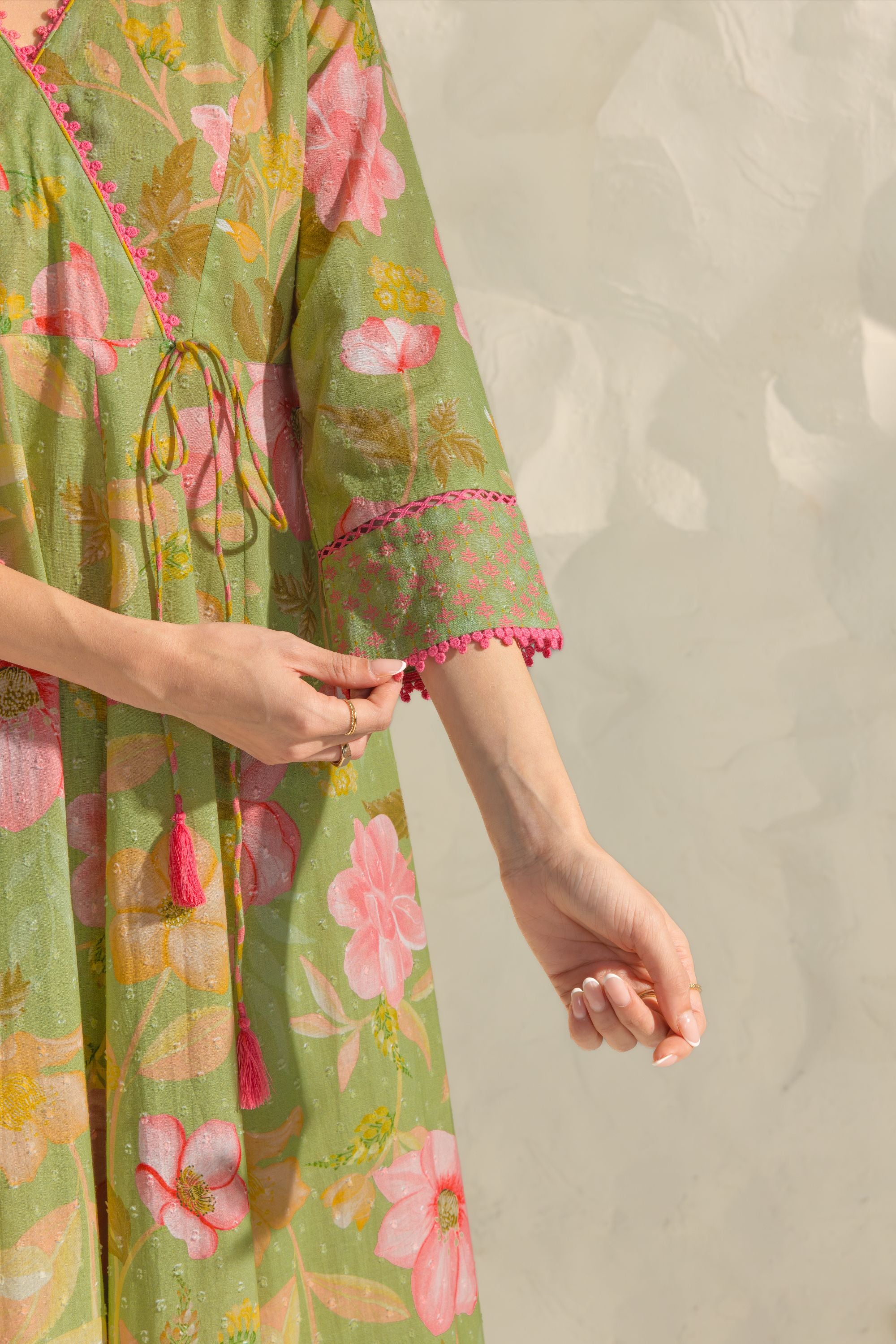 Riva Green & Pink Handcrafted Floral Printed Cotton Dobby Angrakha Set