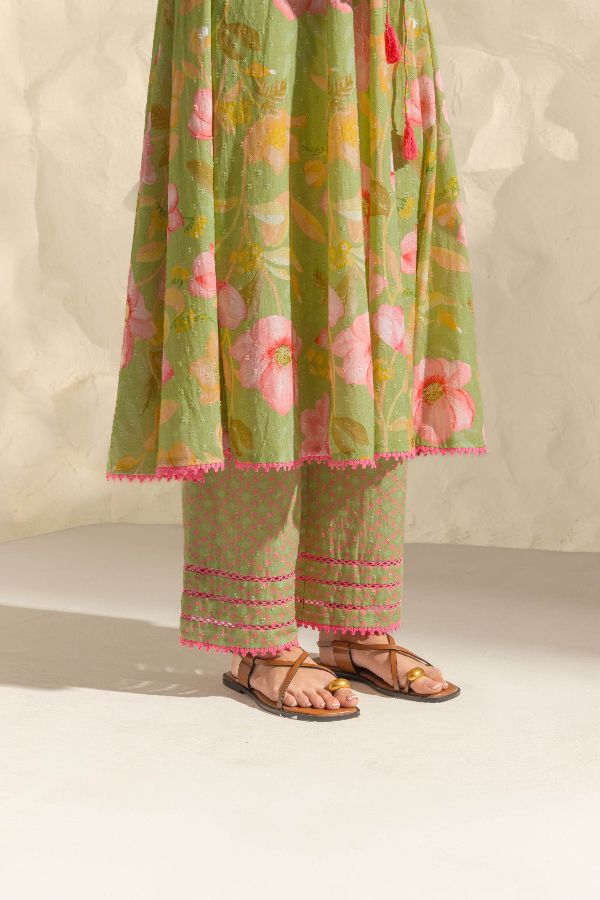 Riva Green & Pink Handcrafted Floral Printed Cotton Dobby Angrakha Set