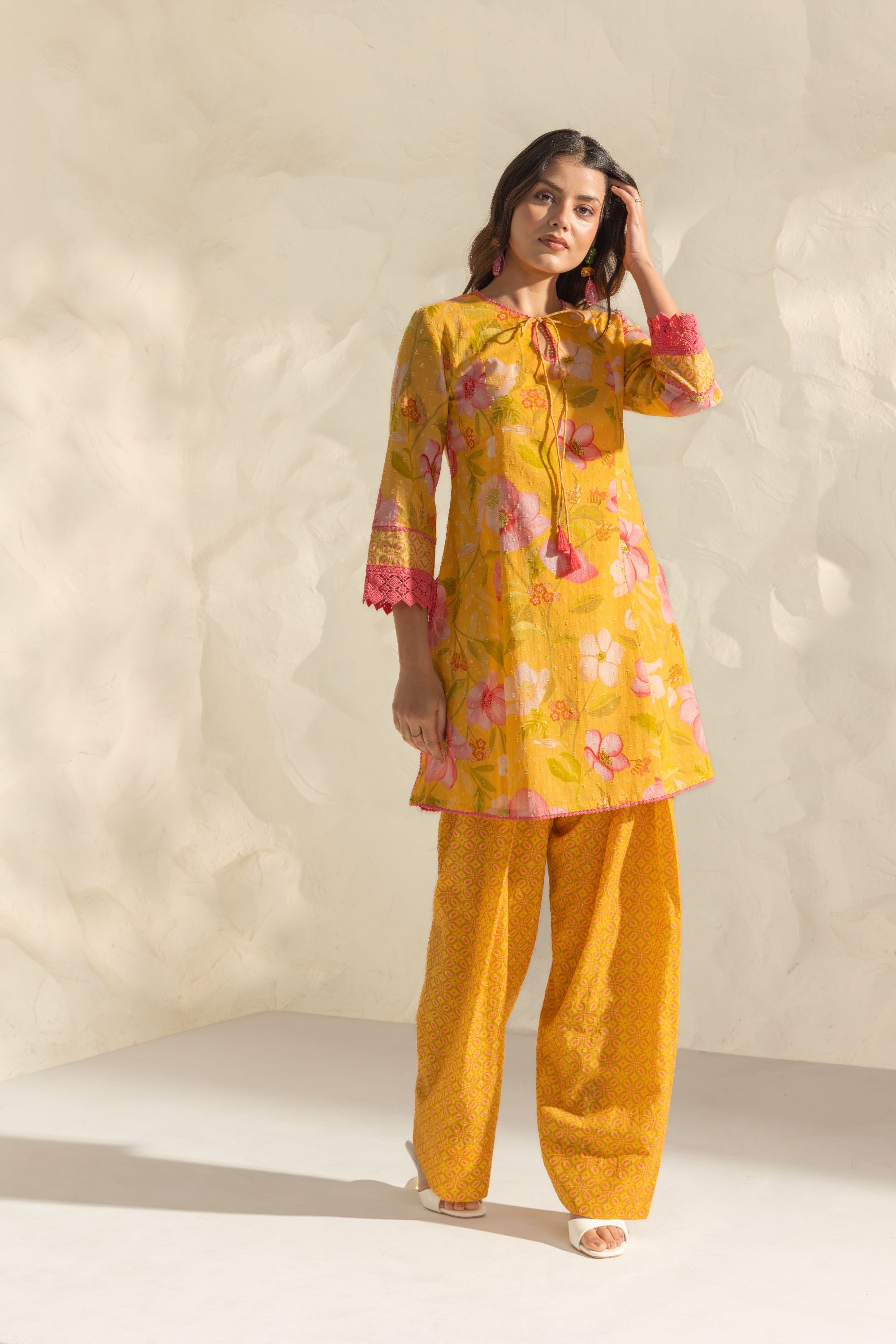 Vanya Yellow & Pink Cotton Printed Short Kurta Set with Farshi Salwar