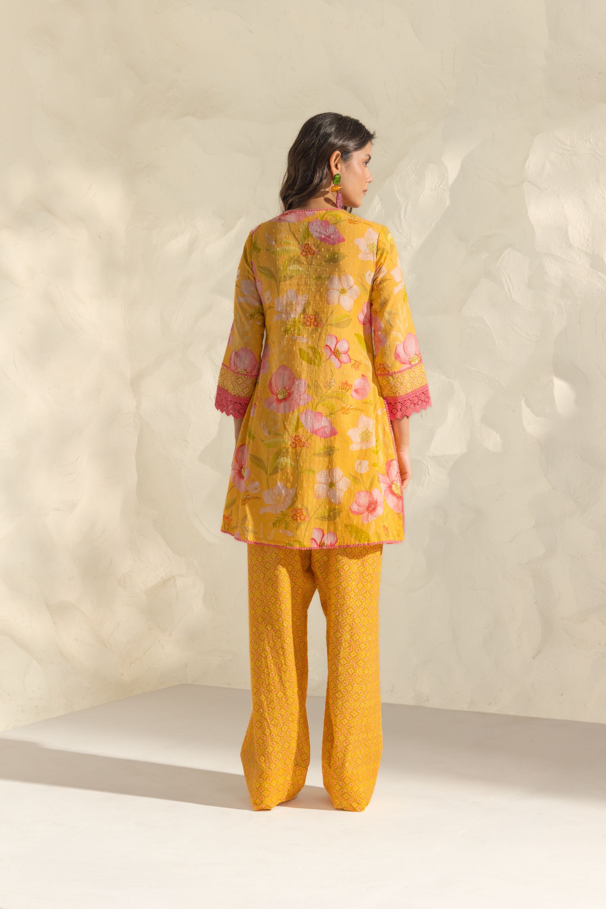 Vanya Yellow & Pink Cotton Printed Short Kurta Set with Farshi Salwar