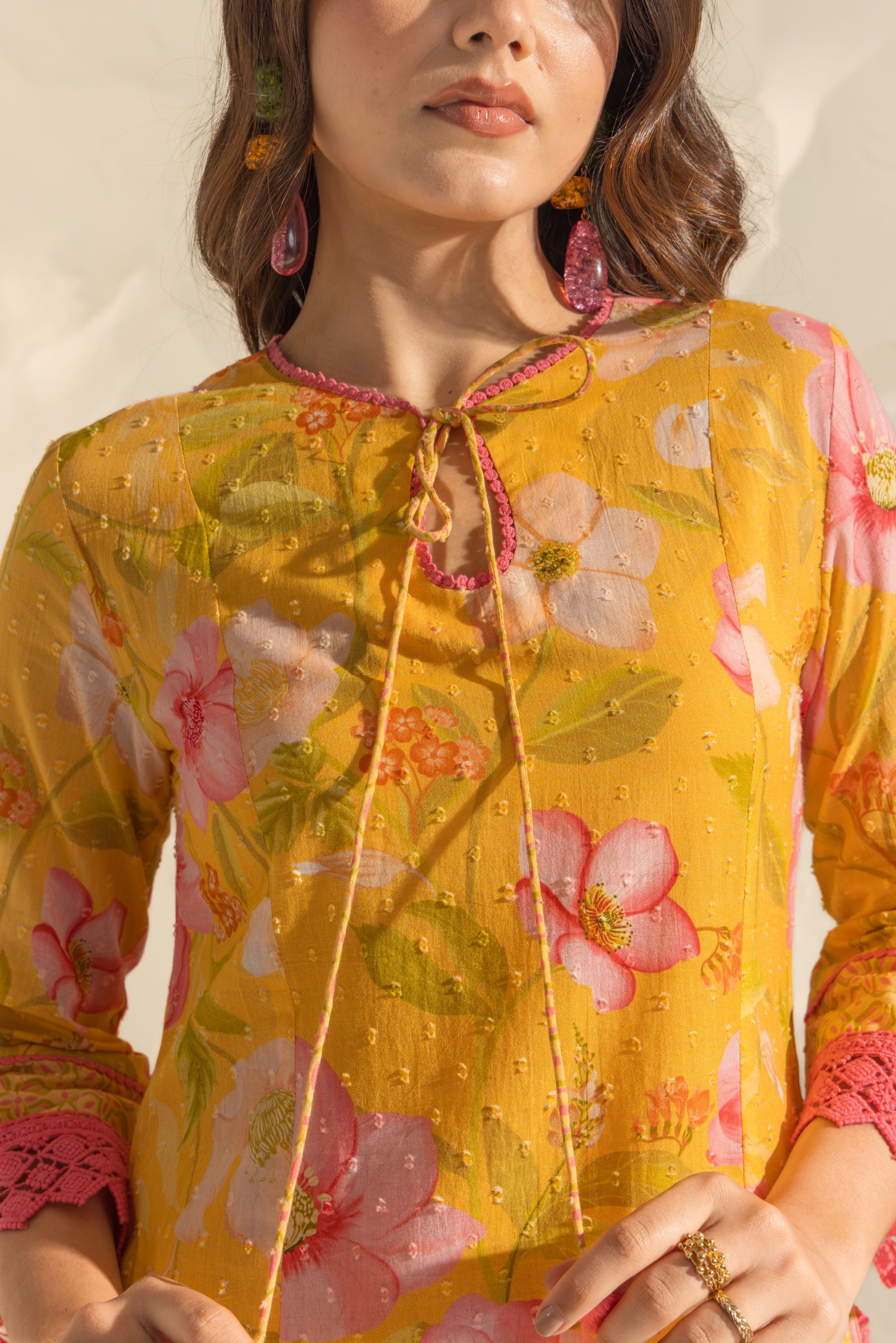 Vanya Yellow & Pink Cotton Printed Short Kurta Set with Farshi Salwar