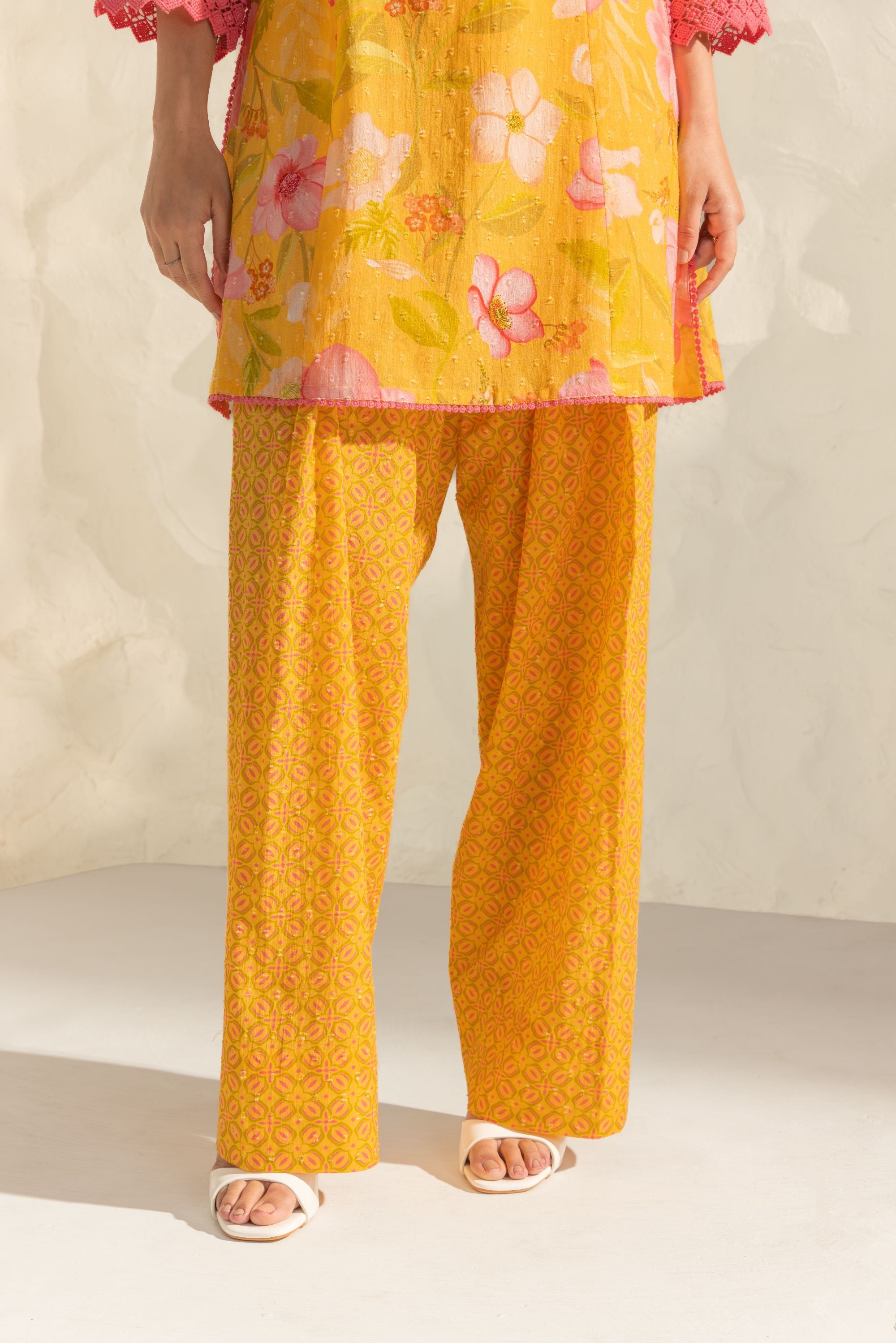 Vanya Yellow & Pink Cotton Printed Short Kurta Set with Farshi Salwar
