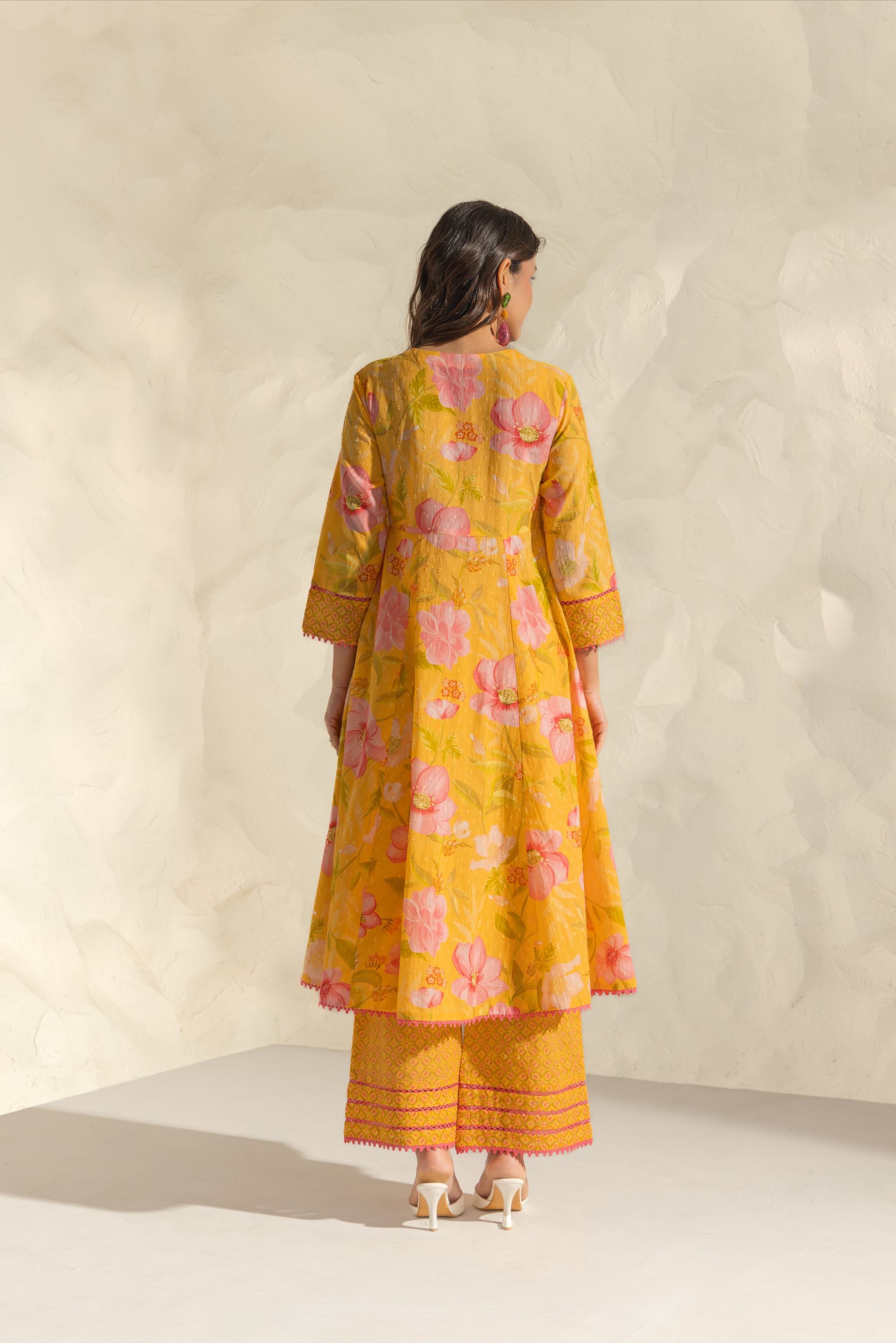 Riva Yellow & Pink Handcrafted Floral Printed Cotton Dobby Angrakha Set