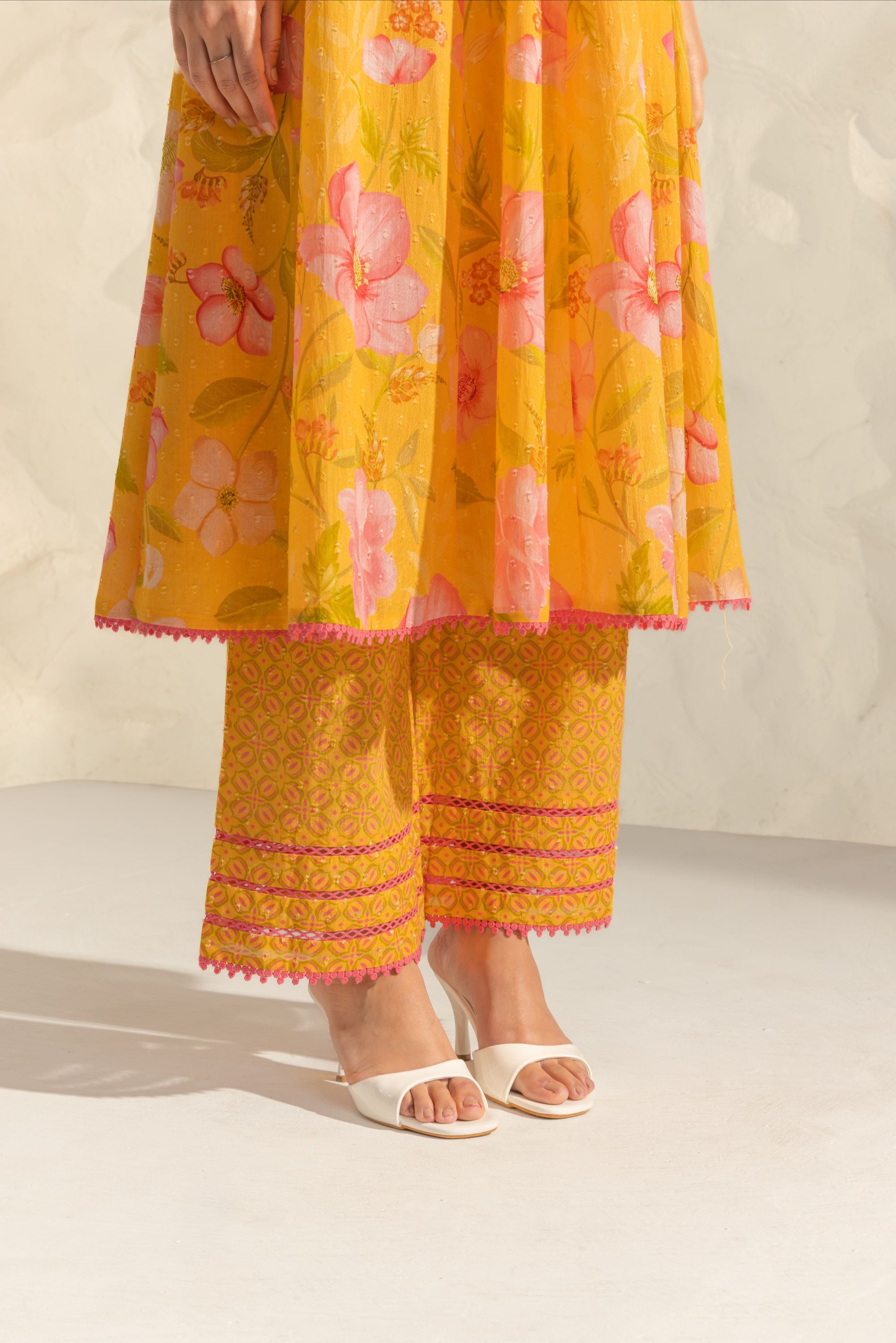 Riva Yellow & Pink Handcrafted Floral Printed Cotton Dobby Angrakha Set