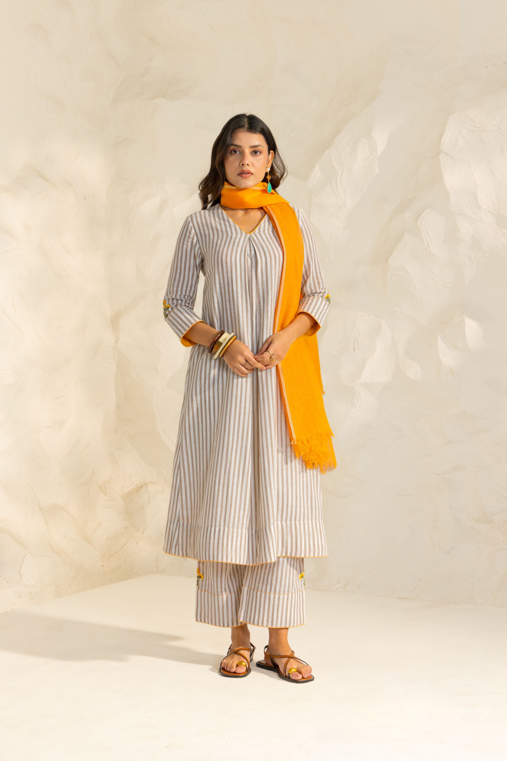 Zaria Beige Embroidered Yarn Dyed Handcrafted Kurta Set