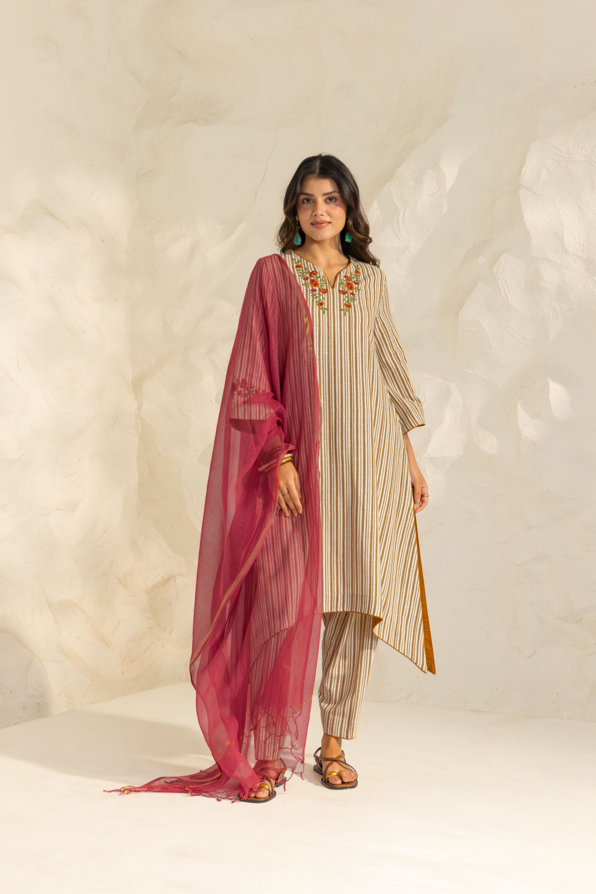 Savera Ivory & Mustard Embroidered Yarn Dyed Handcrafted High Low Kurta Set