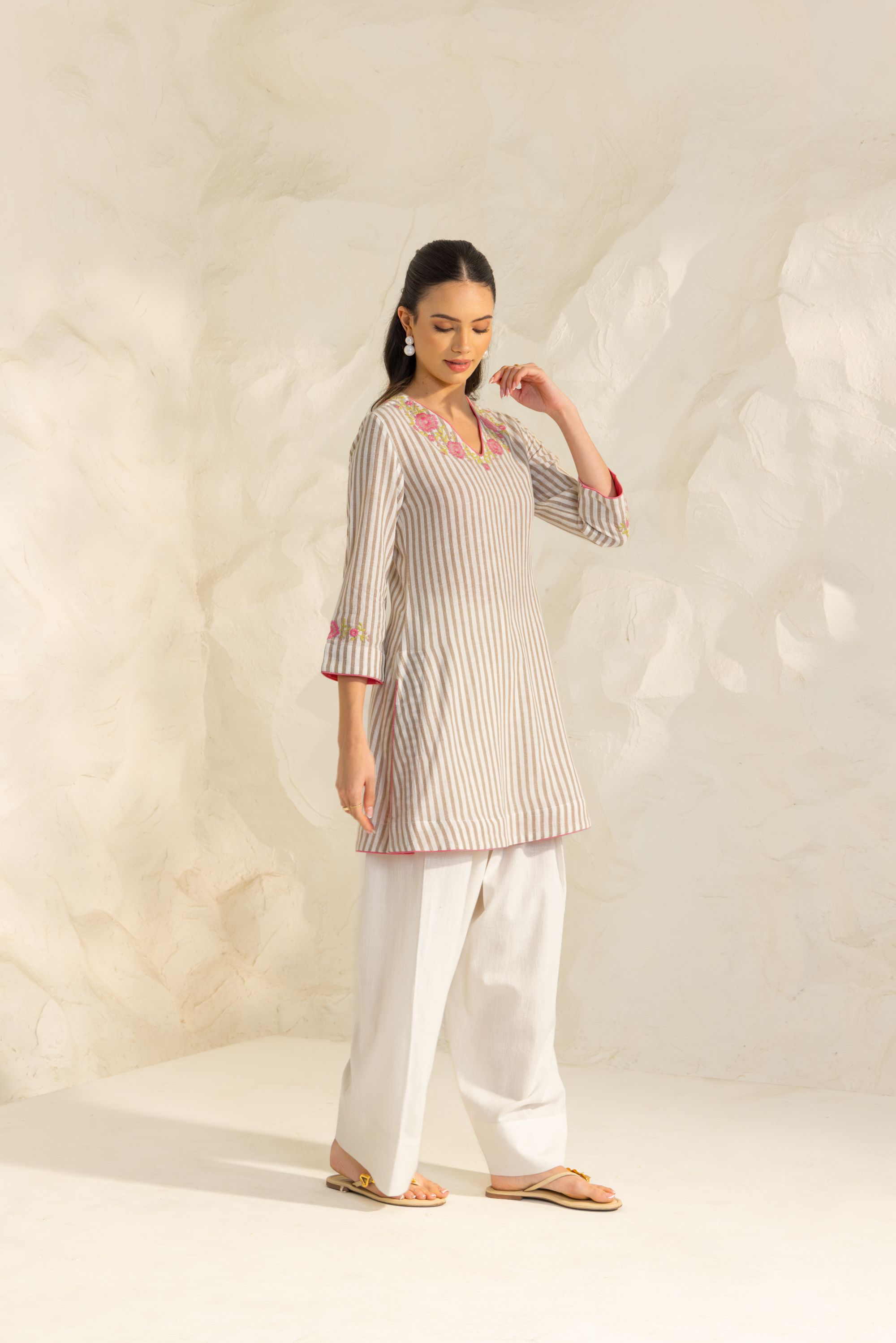 Zainab Beige Embroidered Yarn Dyed Handcrafted Kurta Set with Farshi Salwar