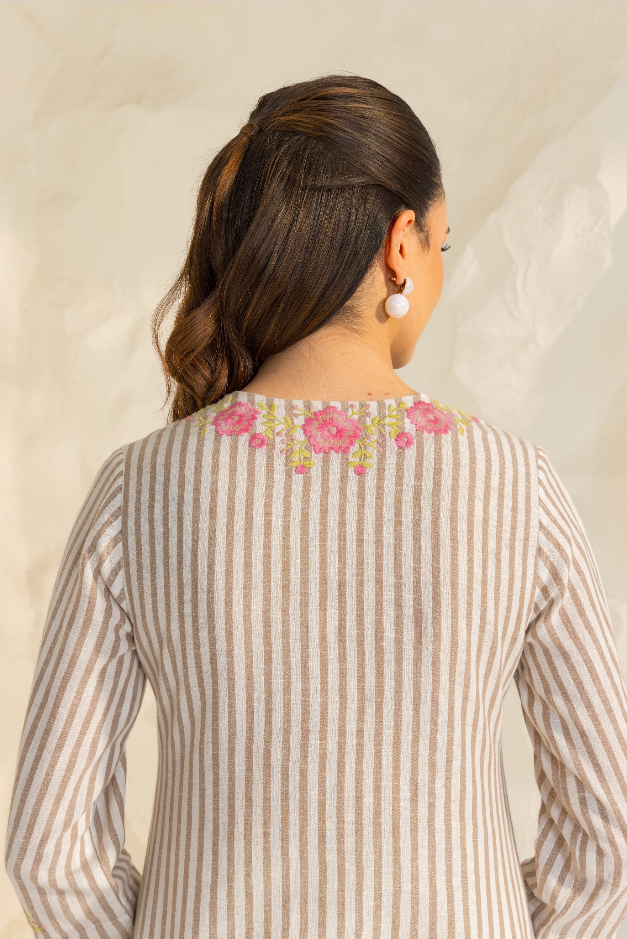 Zainab Beige Embroidered Yarn Dyed Handcrafted Kurta Set with Farshi Salwar