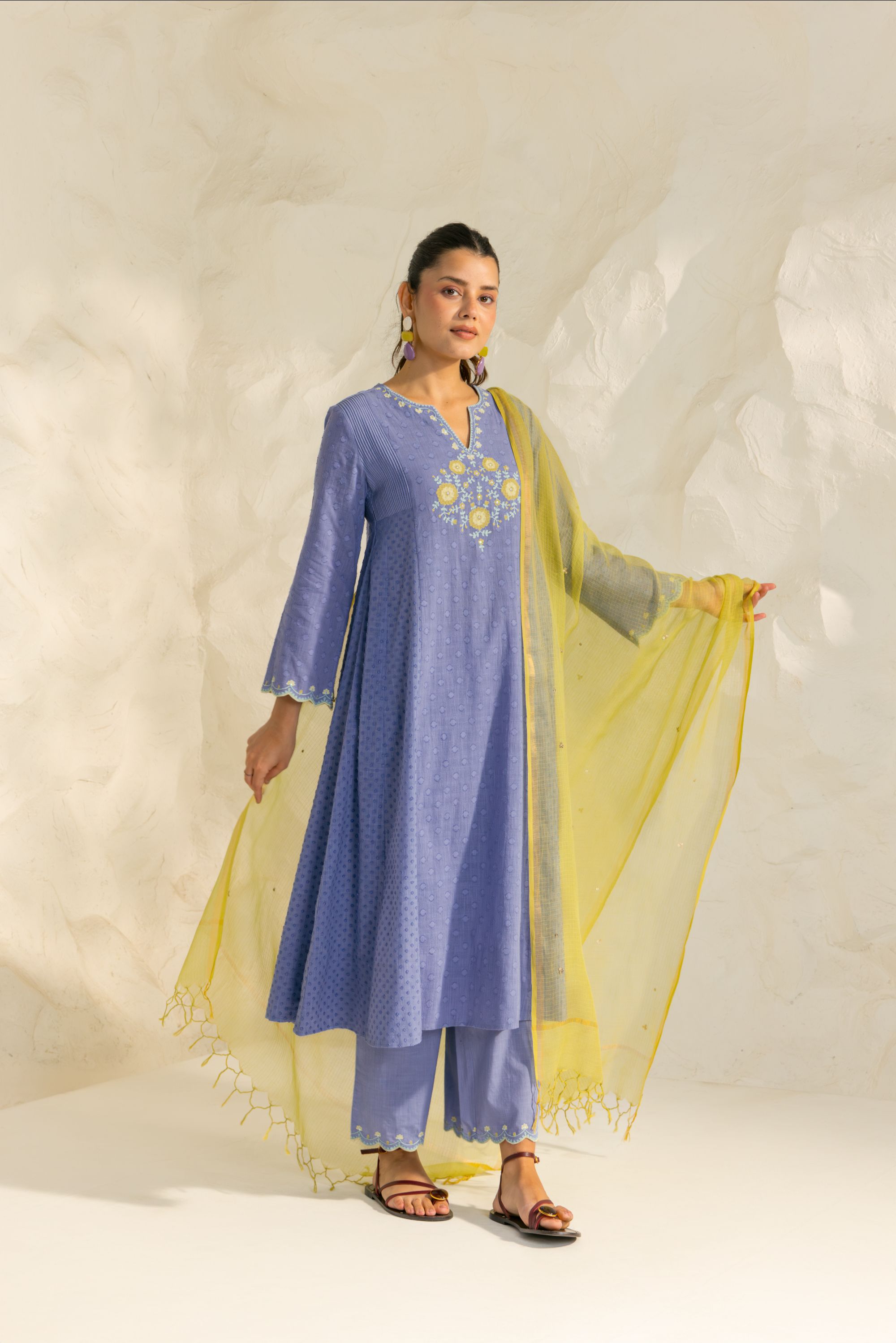 Kiara Blue Cotton Slub Jacquard Handcrafted Kurta Set with Aari Embroidery