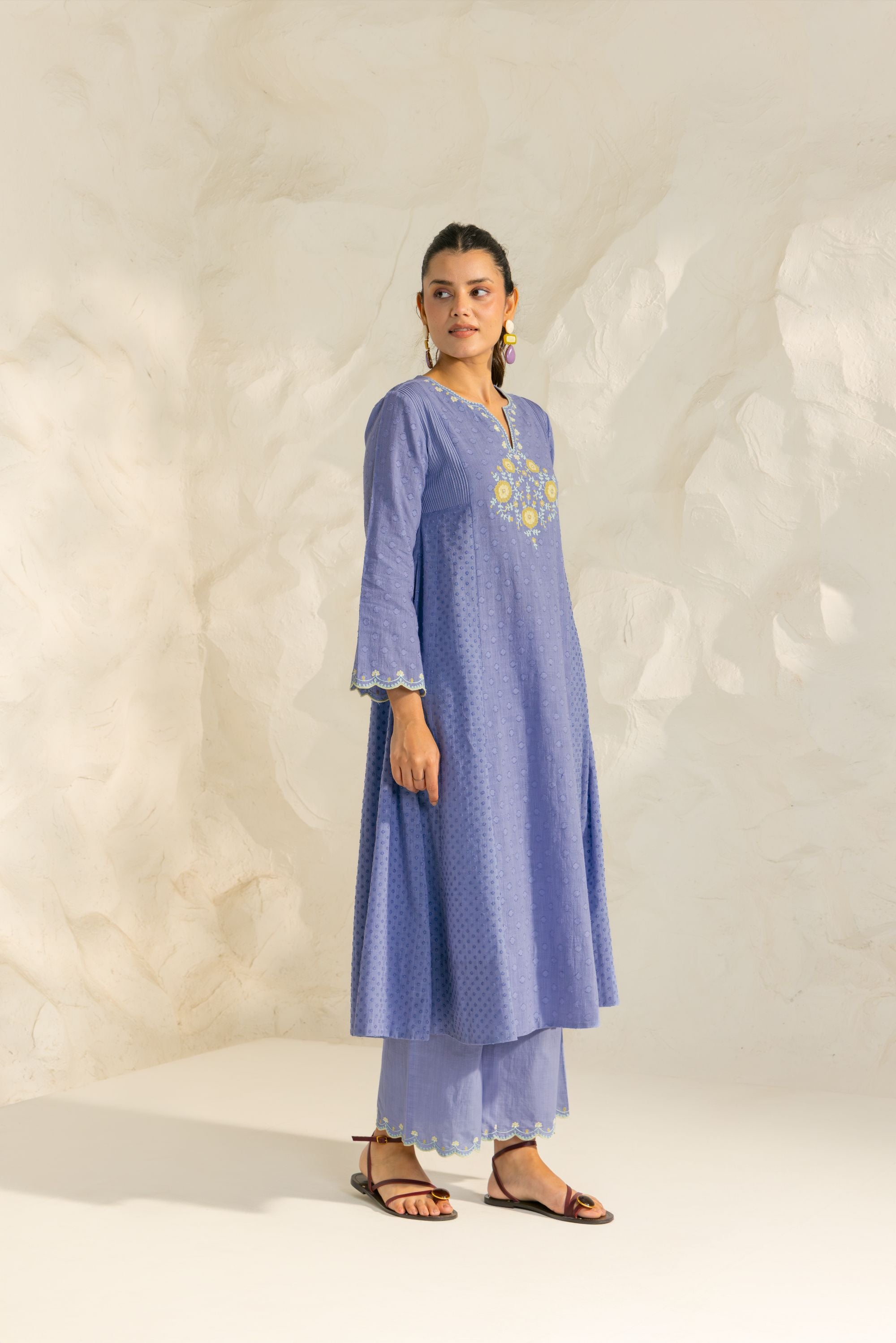 Kiara Blue Cotton Slub Jacquard Handcrafted Kurta Set with Aari Embroidery