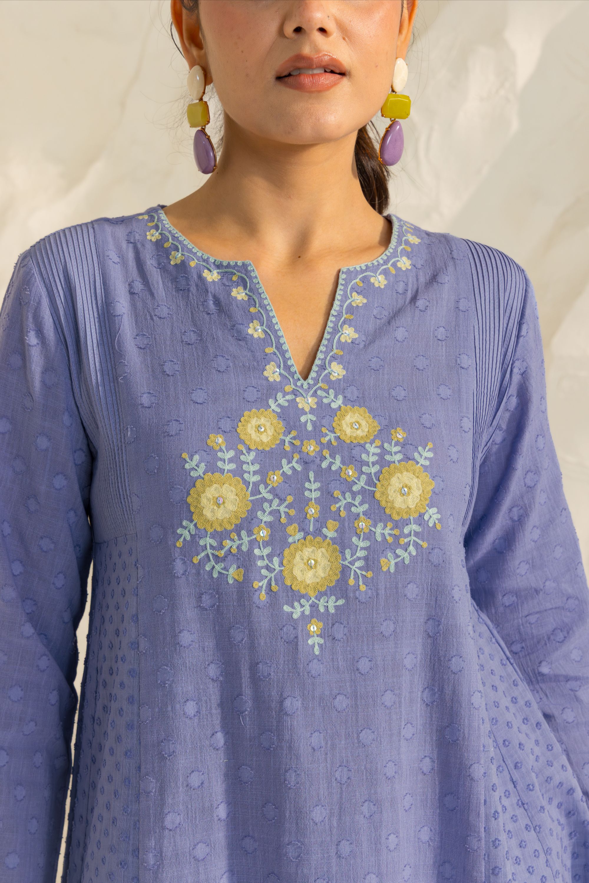 Kiara Blue Cotton Slub Jacquard Handcrafted Kurta Set with Aari Embroidery