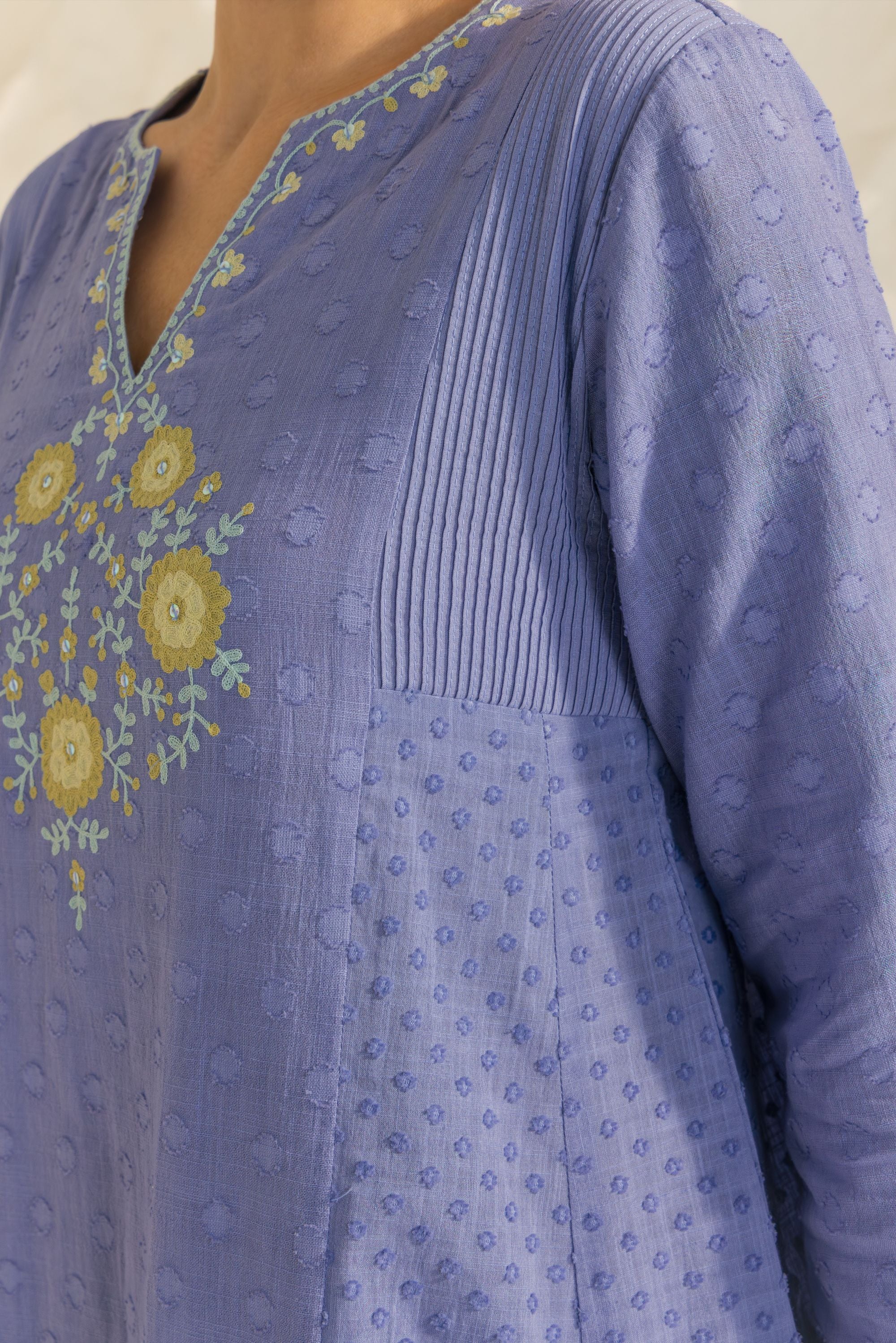 Kiara Blue Cotton Slub Jacquard Handcrafted Kurta Set with Aari Embroidery