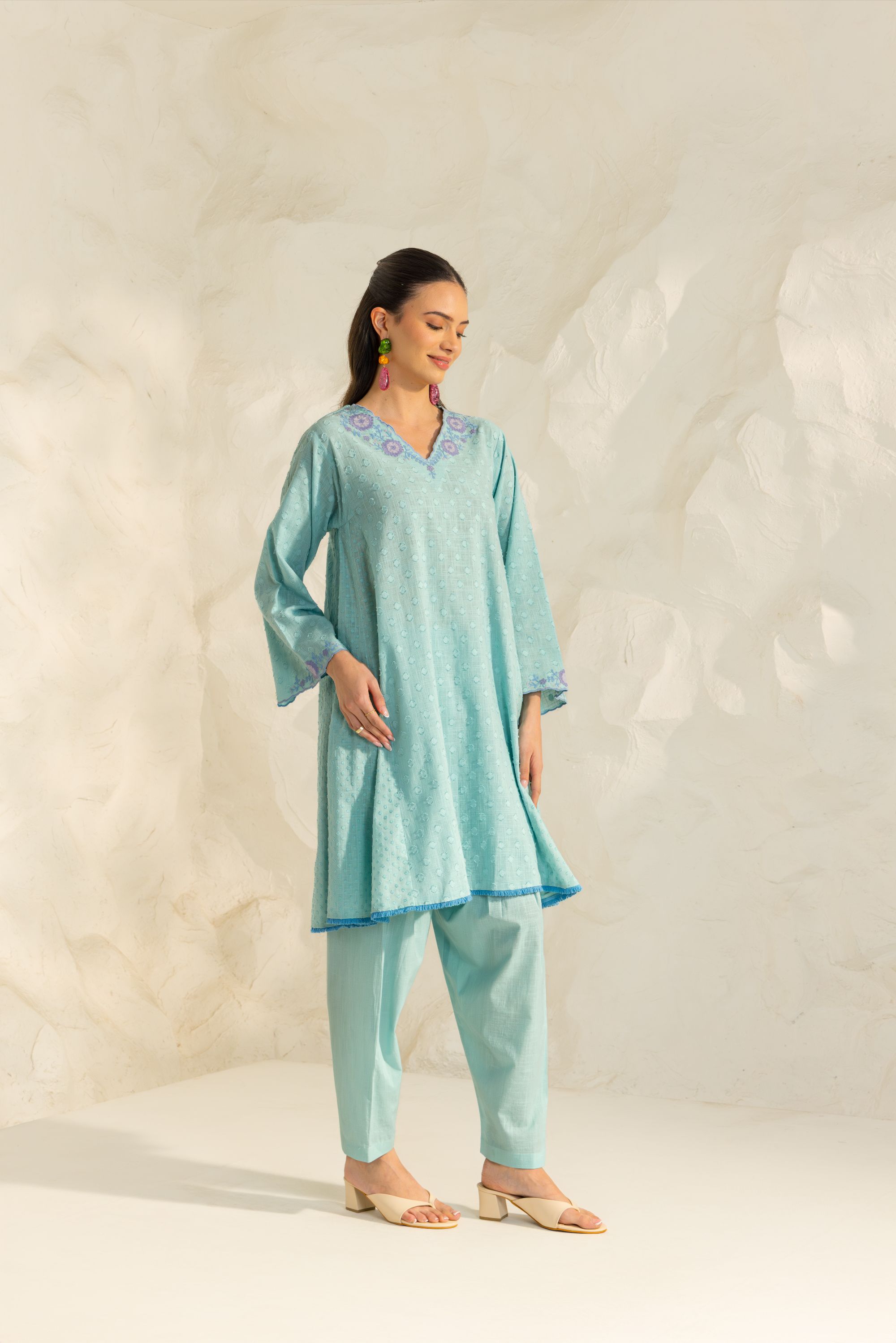 Azra Blue Cotton Slub Jacquard Handcrafted Choga set with Aari Embroidery