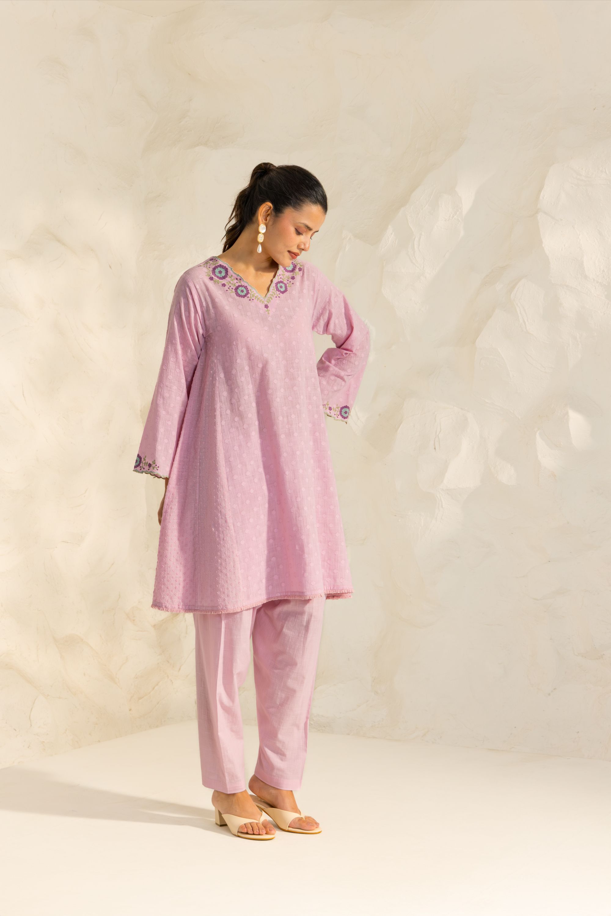 Azra Lavender Cotton Slub Jacquard Handcrafted Choga set with Aari Embroidery