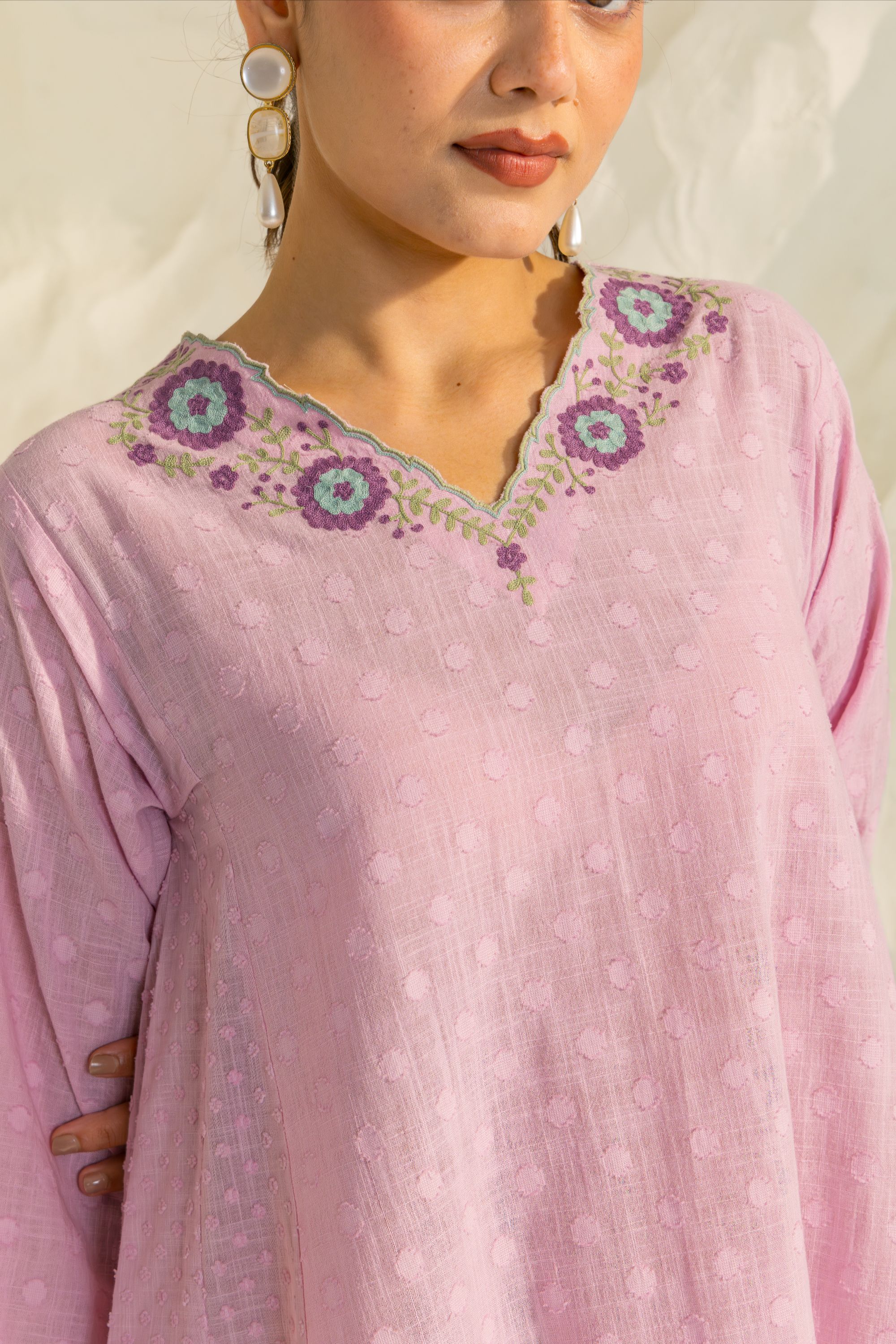 Azra Lavender Cotton Slub Jacquard Handcrafted Choga set with Aari Embroidery