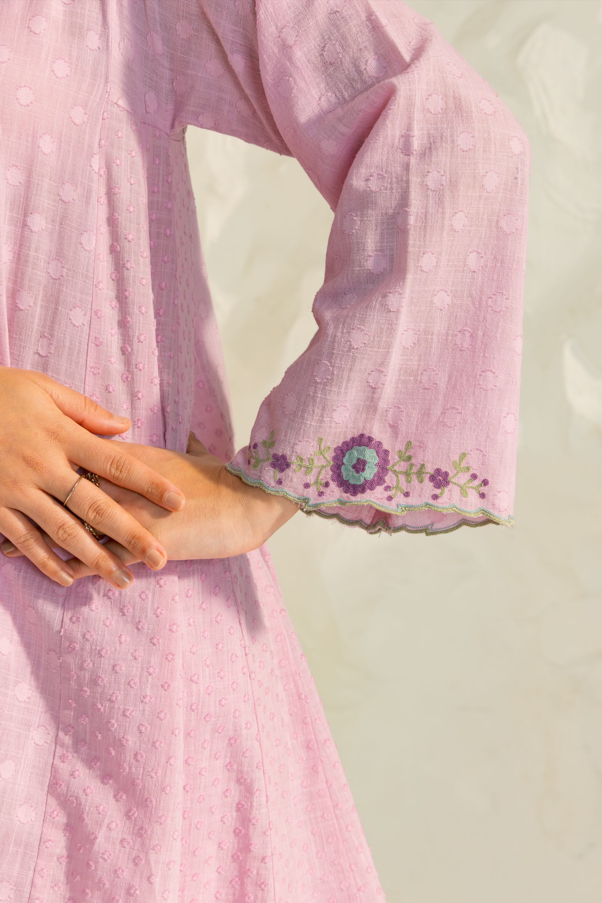 Azra Lavender Cotton Slub Jacquard Handcrafted Choga set with Aari Embroidery