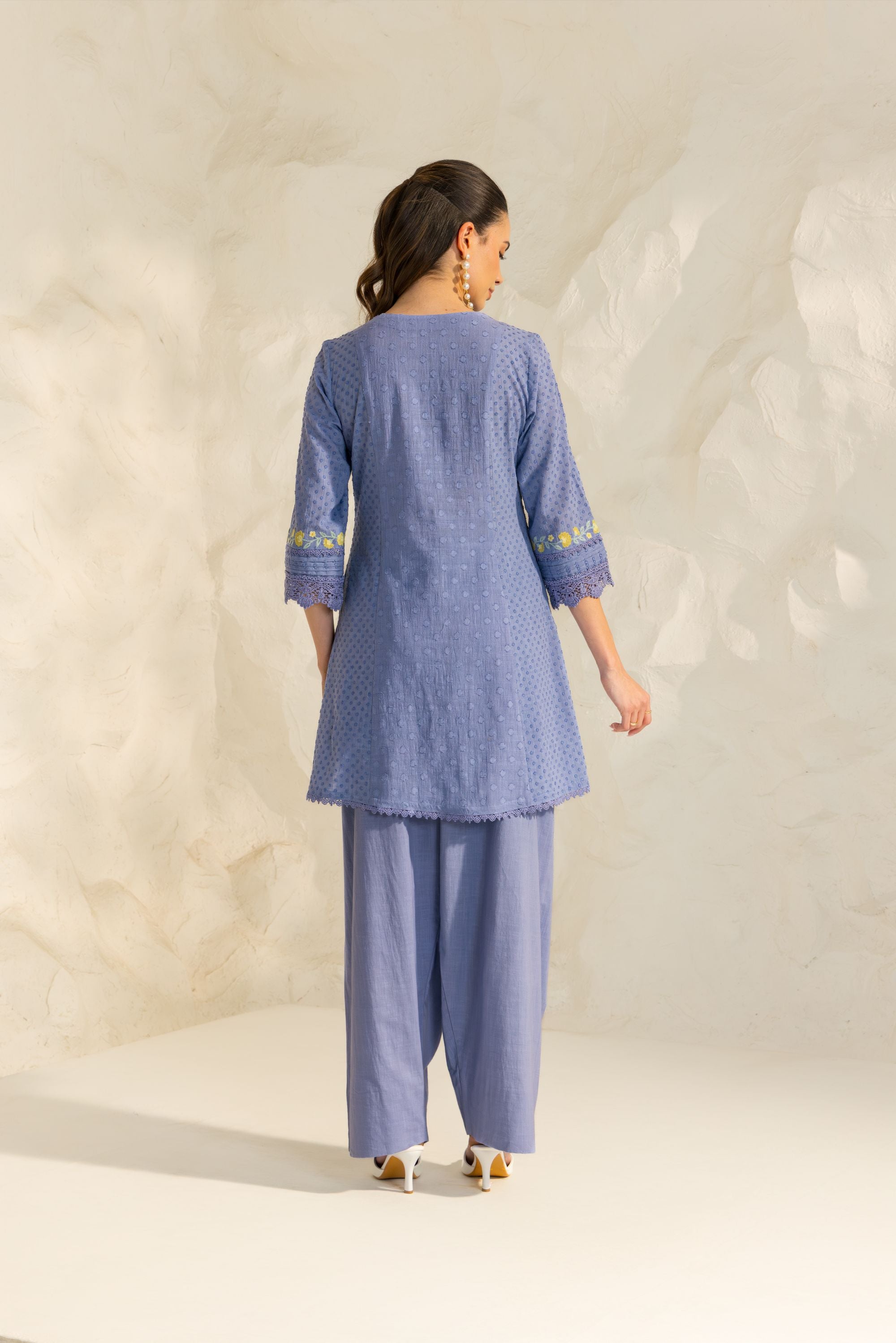Laila Blue Cotton Slub Jacquard Handcrafted Short Kurta Set with Aari embroidery and Farshi Salwar