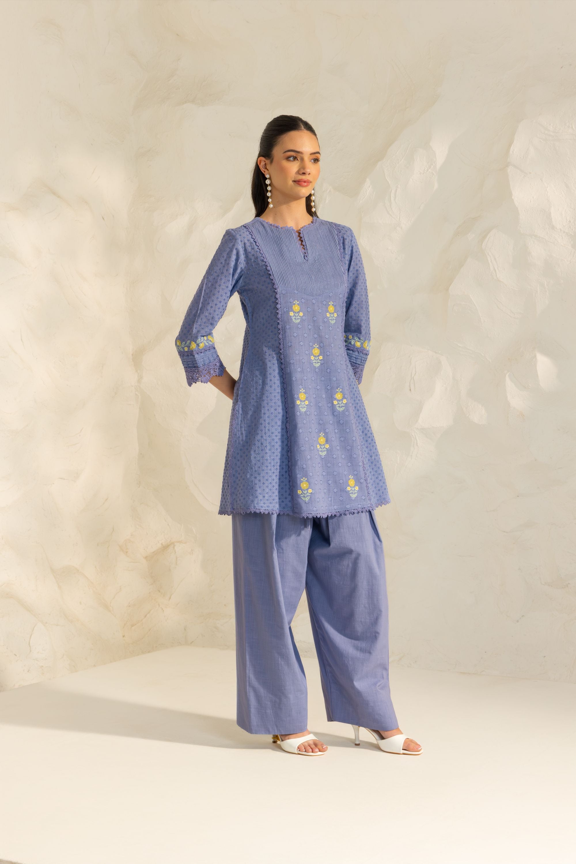 Laila Blue Cotton Slub Jacquard Handcrafted Short Kurta Set with Aari embroidery and Farshi Salwar