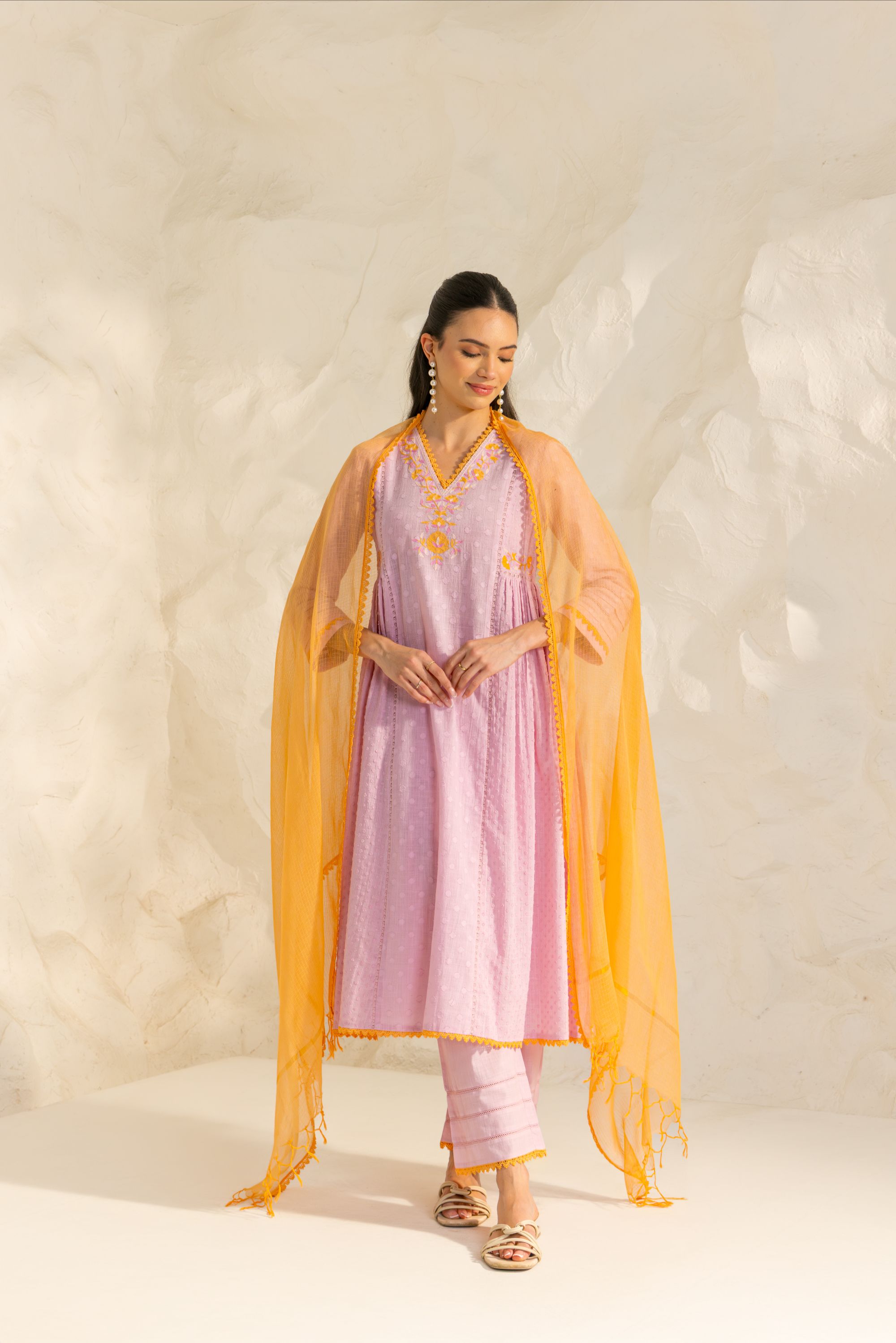 Aizah Lavender Cotton Slub Jacquard Handcrafted Kurta Set with Aari Embroidery