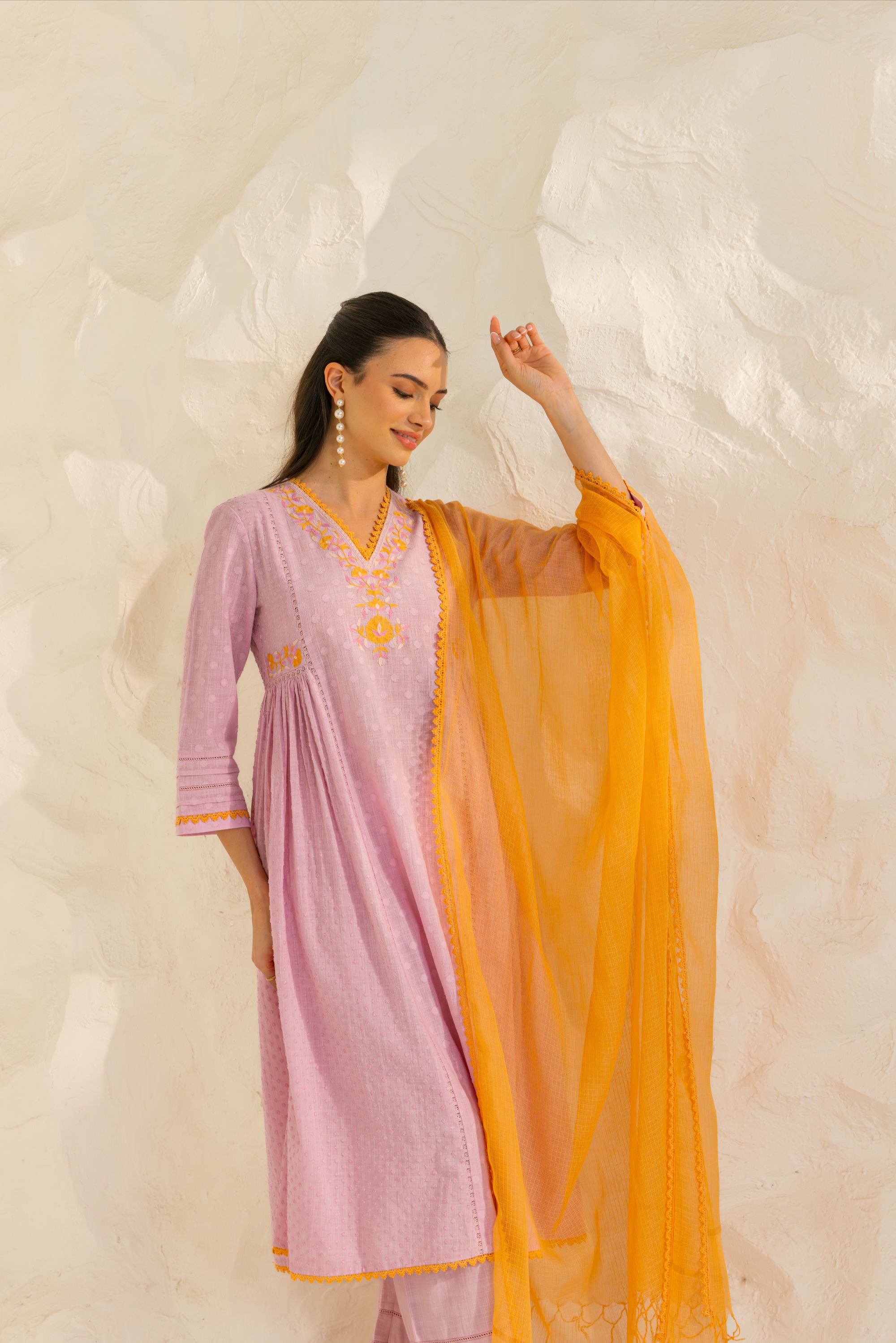 Aizah Lavender Cotton Slub Jacquard Handcrafted Kurta Set with Aari Embroidery