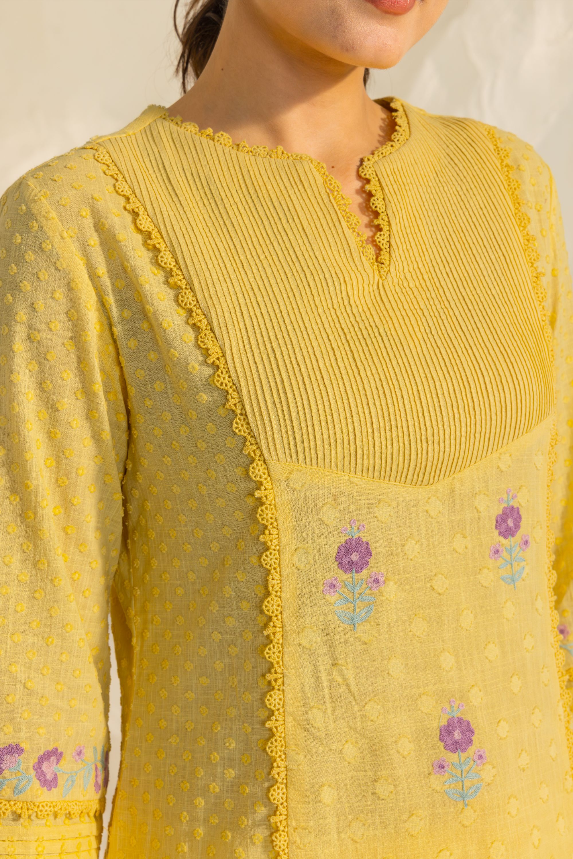 Laila Yellow Cotton Slub Jacquard Handcrafted Short Kurta Set with Aari embroidery and Farshi Salwar