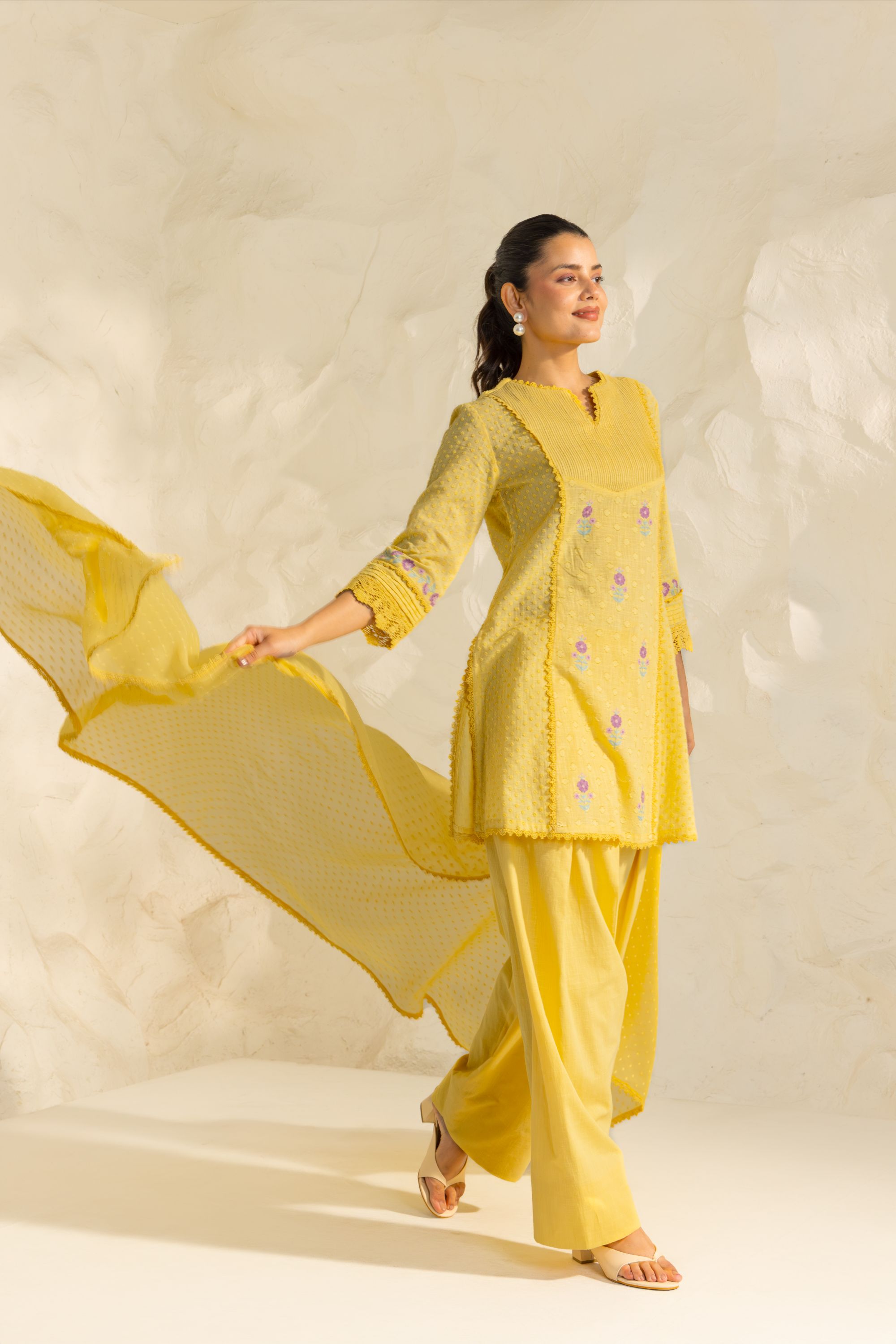 Laila Yellow Cotton Slub Jacquard Handcrafted Short Kurta Set with Aari embroidery and Farshi Salwar