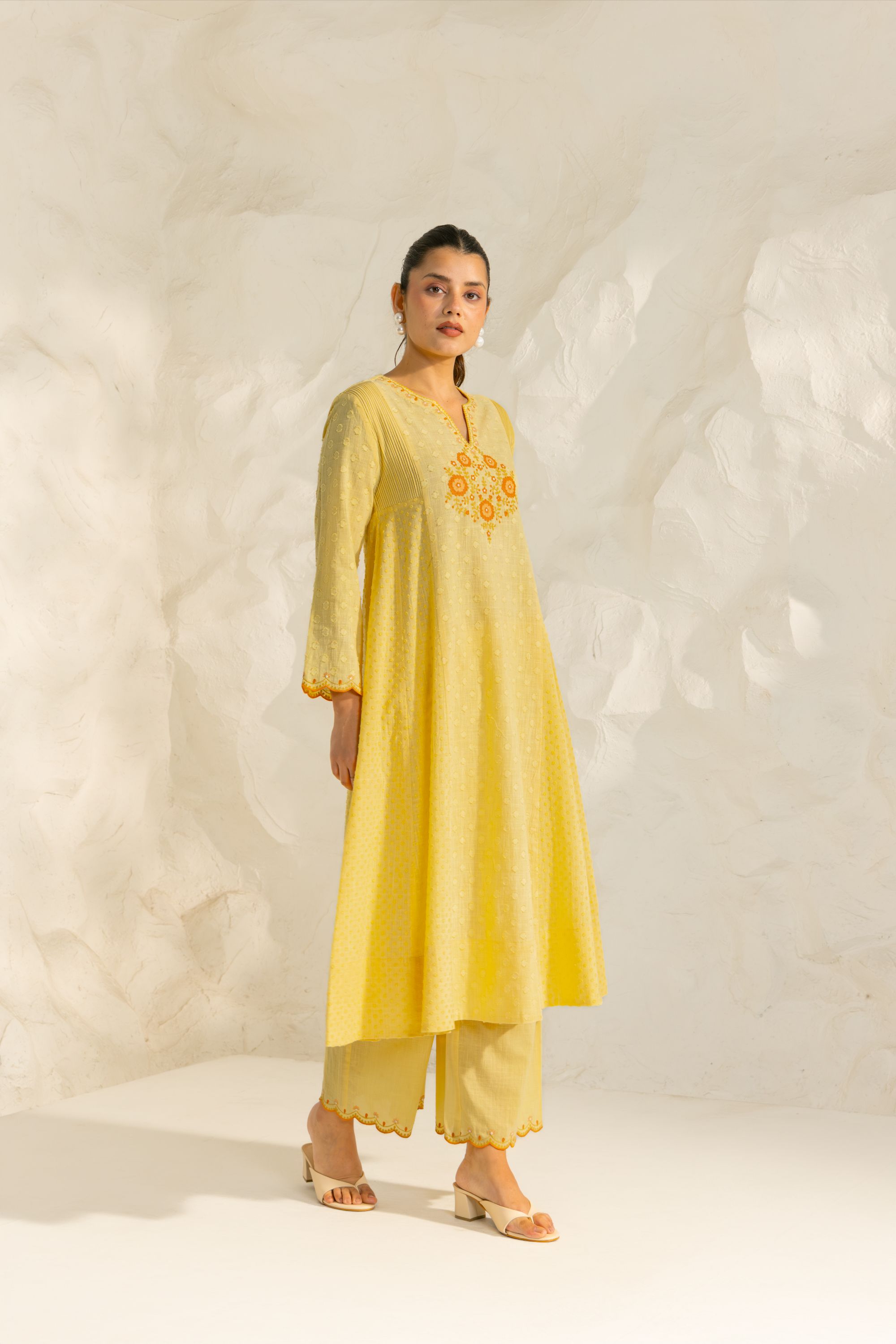 Kiara Yellow Cotton Slub Jacquard Handcrafted Kurta Set with Aari Embroidery