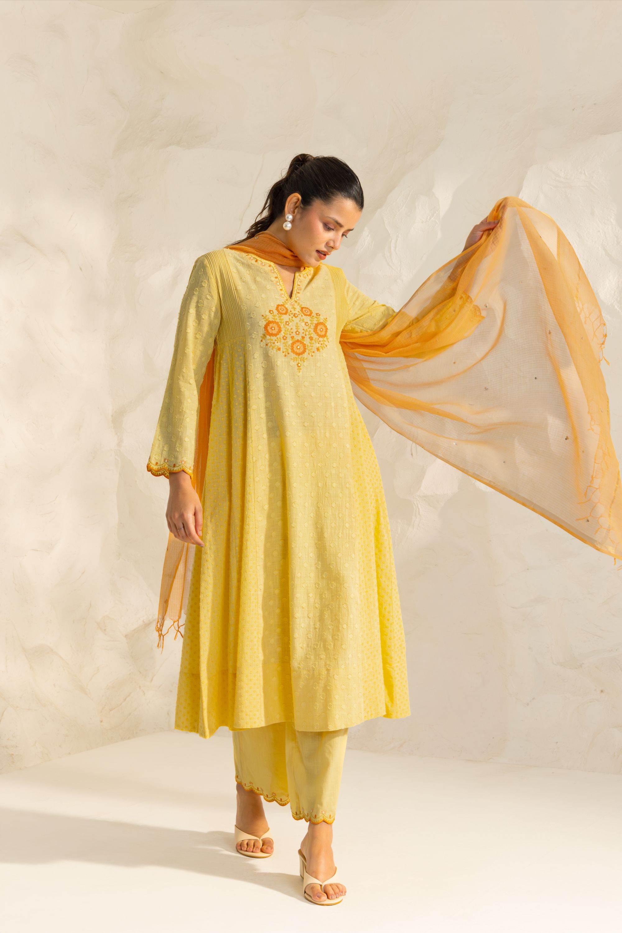Kiara Yellow Cotton Slub Jacquard Handcrafted Kurta Set with Aari Embroidery