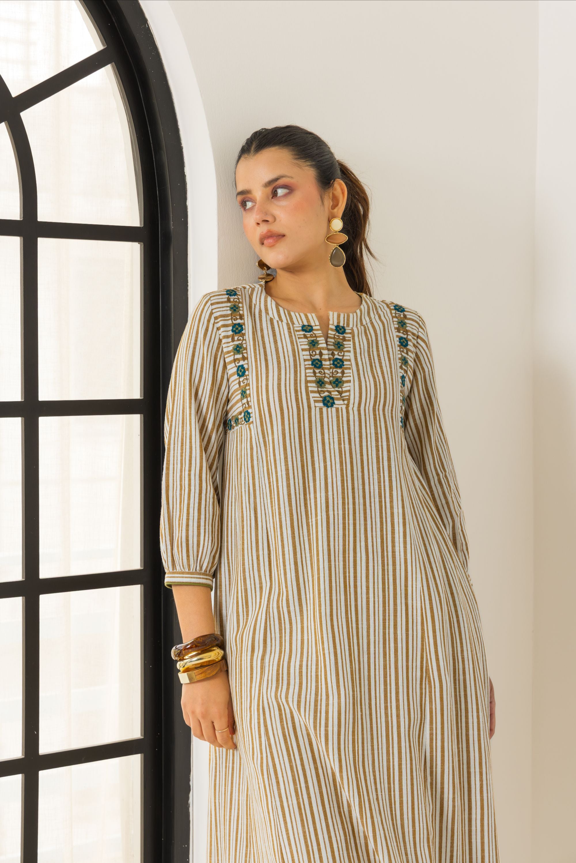 Aaliyah Ivory & Mustard Embroidered Yarn Dyed Cotton Handcrafted Kurta Set
