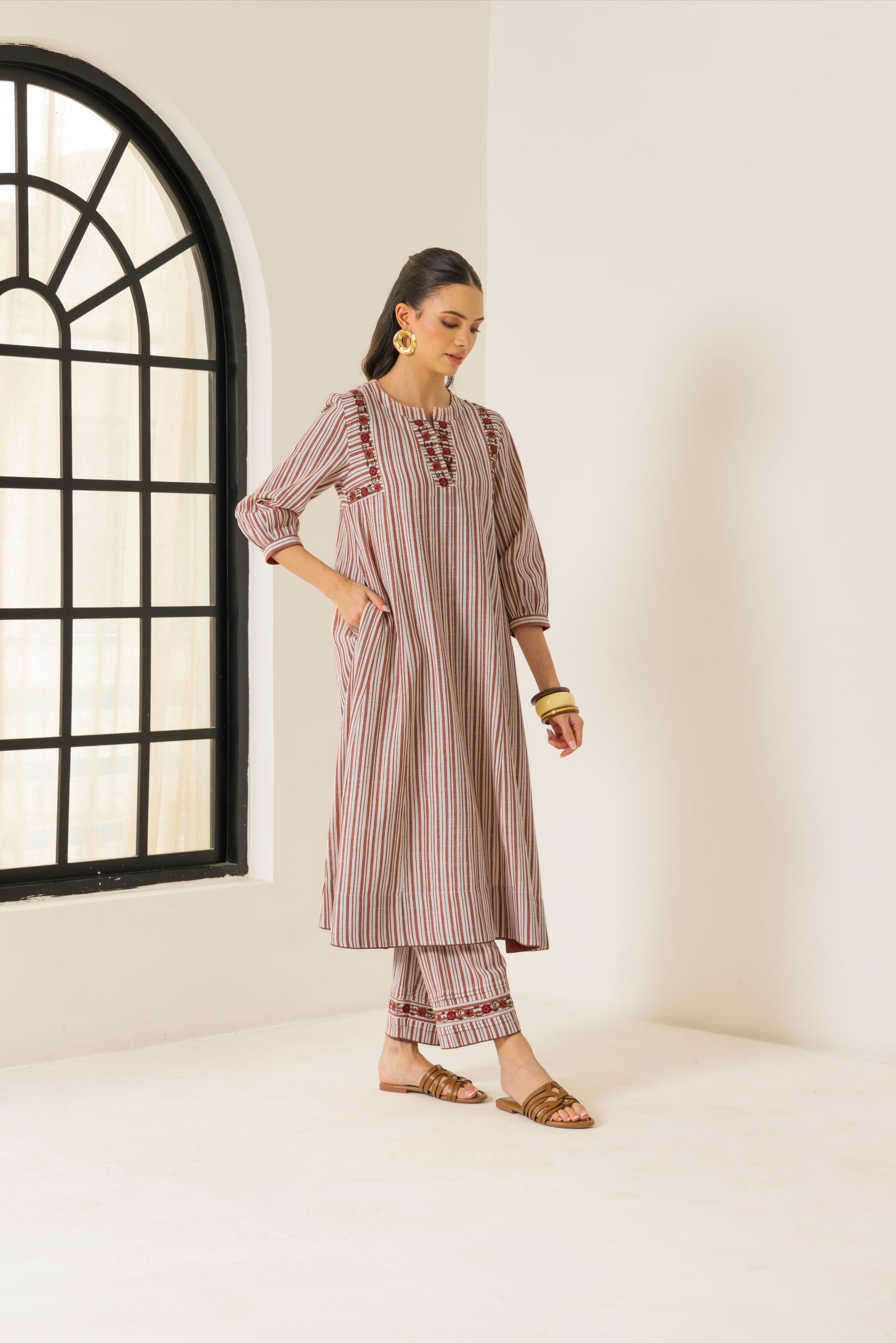 Aaliyah Ivory & Red Embroidered Yarn Dyed Cotton Handcrafted Kurta Set