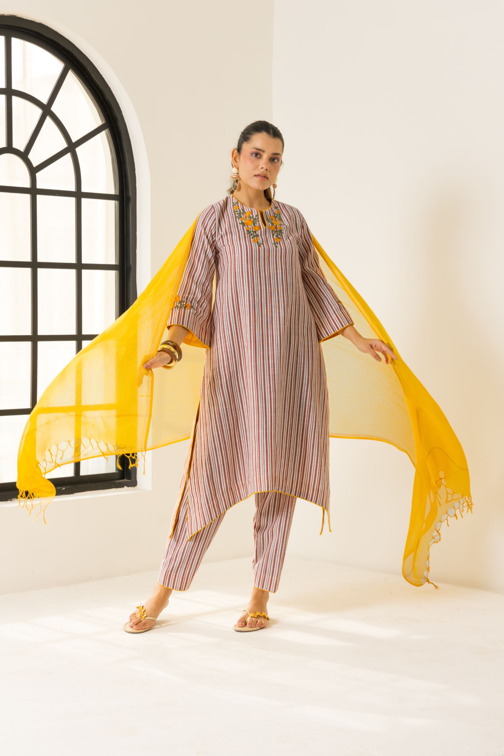 Savera Ivory & Red Embroidered Yarn Dyed Handcrafted High Low Kurta Set