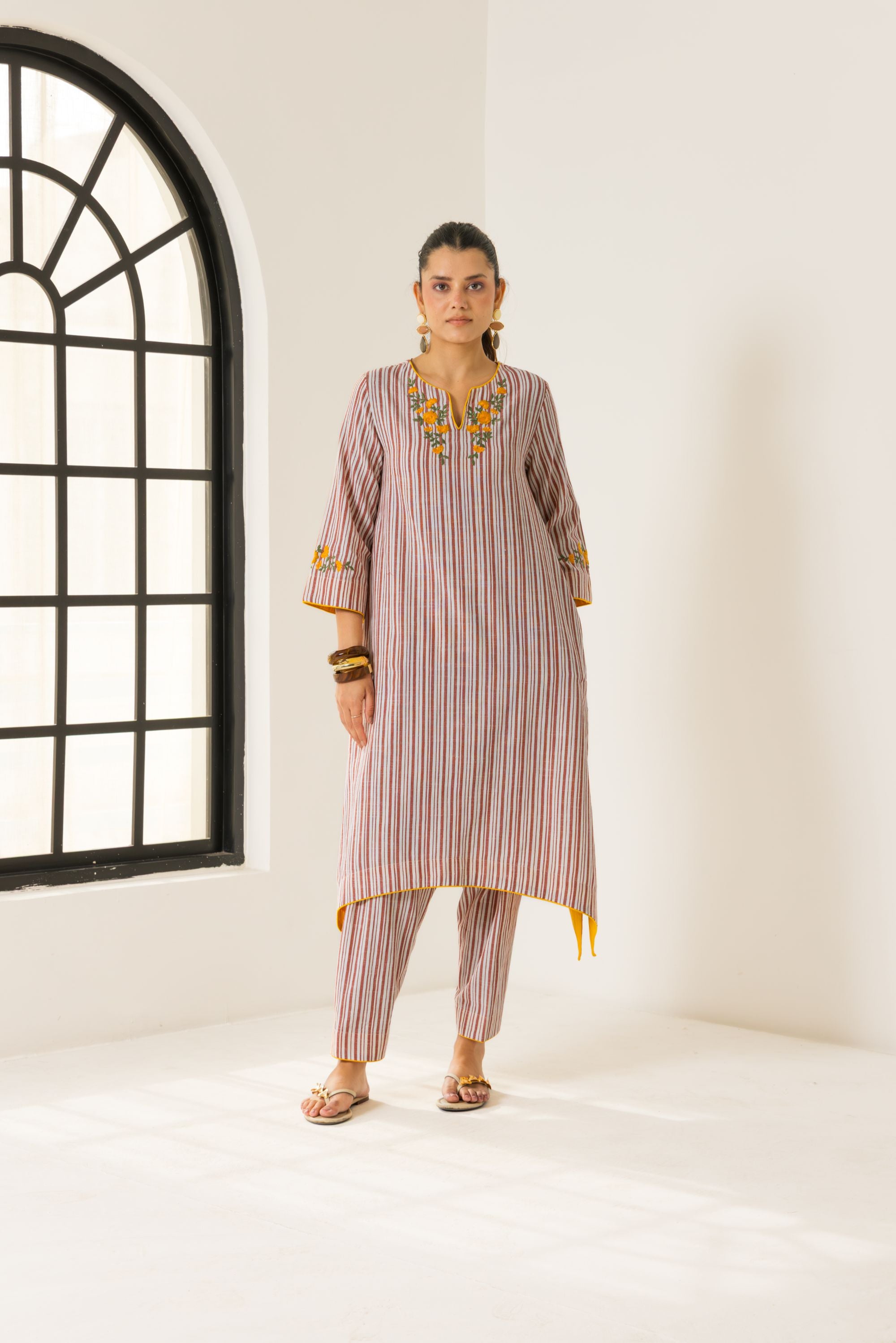 Savera Ivory & Red Embroidered Yarn Dyed Handcrafted High Low Kurta Set
