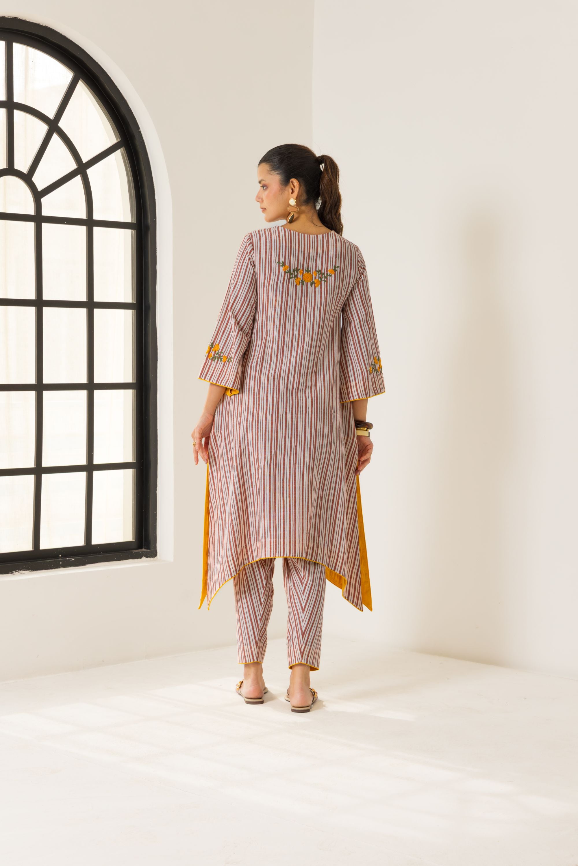 Savera Ivory & Red Embroidered Yarn Dyed Handcrafted High Low Kurta Set