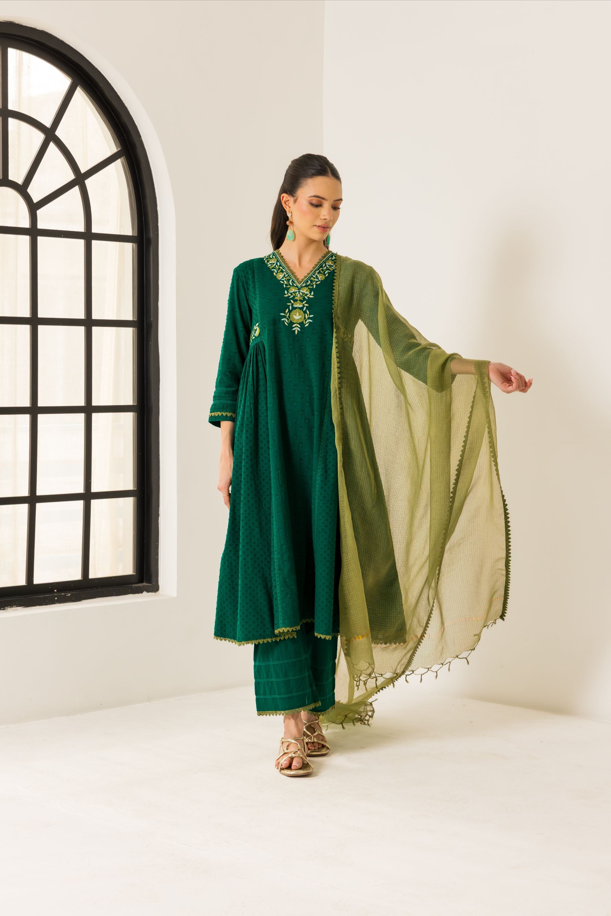 Aizah Emerald Green Cotton Slub Jacquard Handcrafted Kurta Set with Aari Embroidery