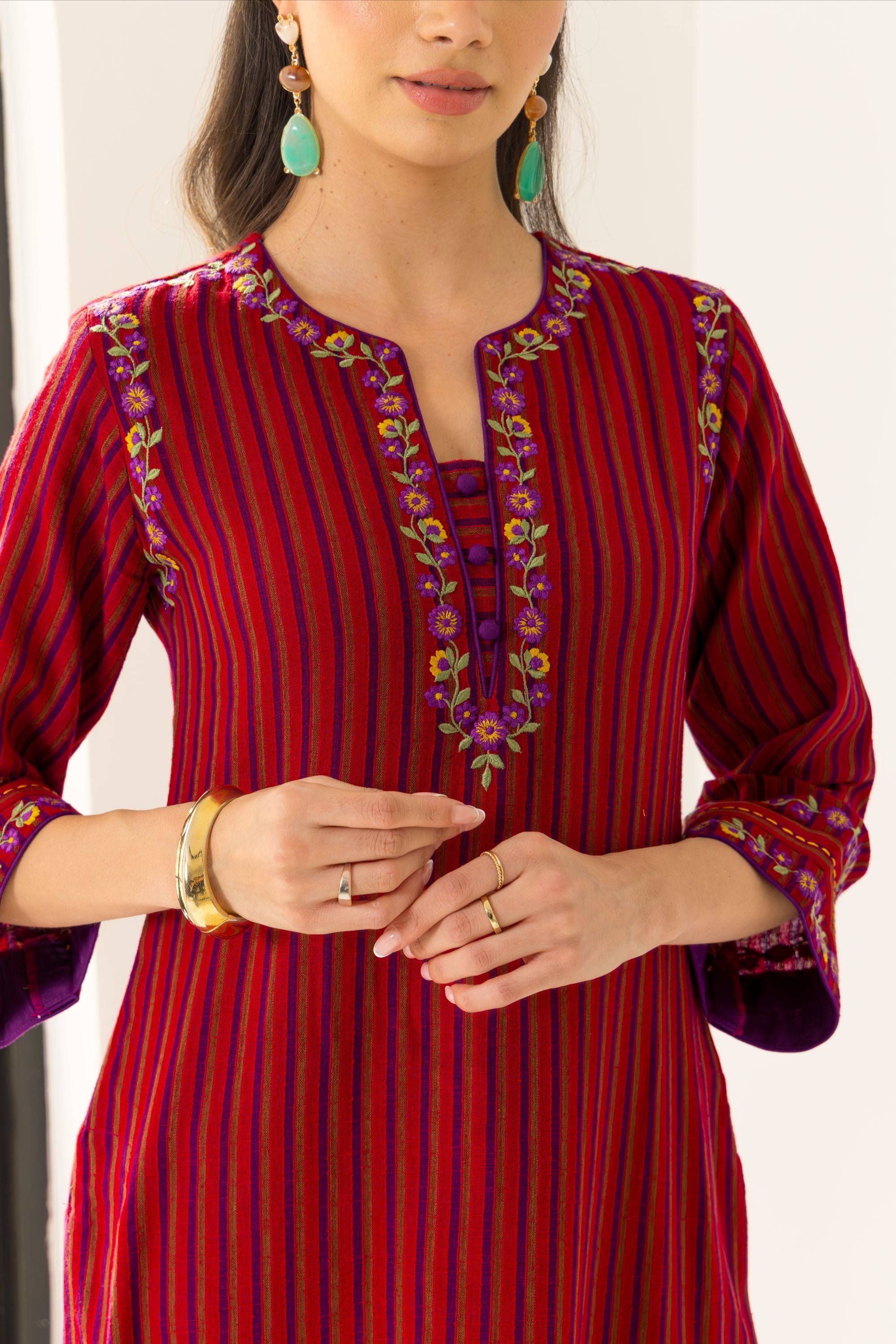 Nyra Red & Purple Embroidered Yarn Dyed Handcrafted Kurta Set (READY TO SHIP)