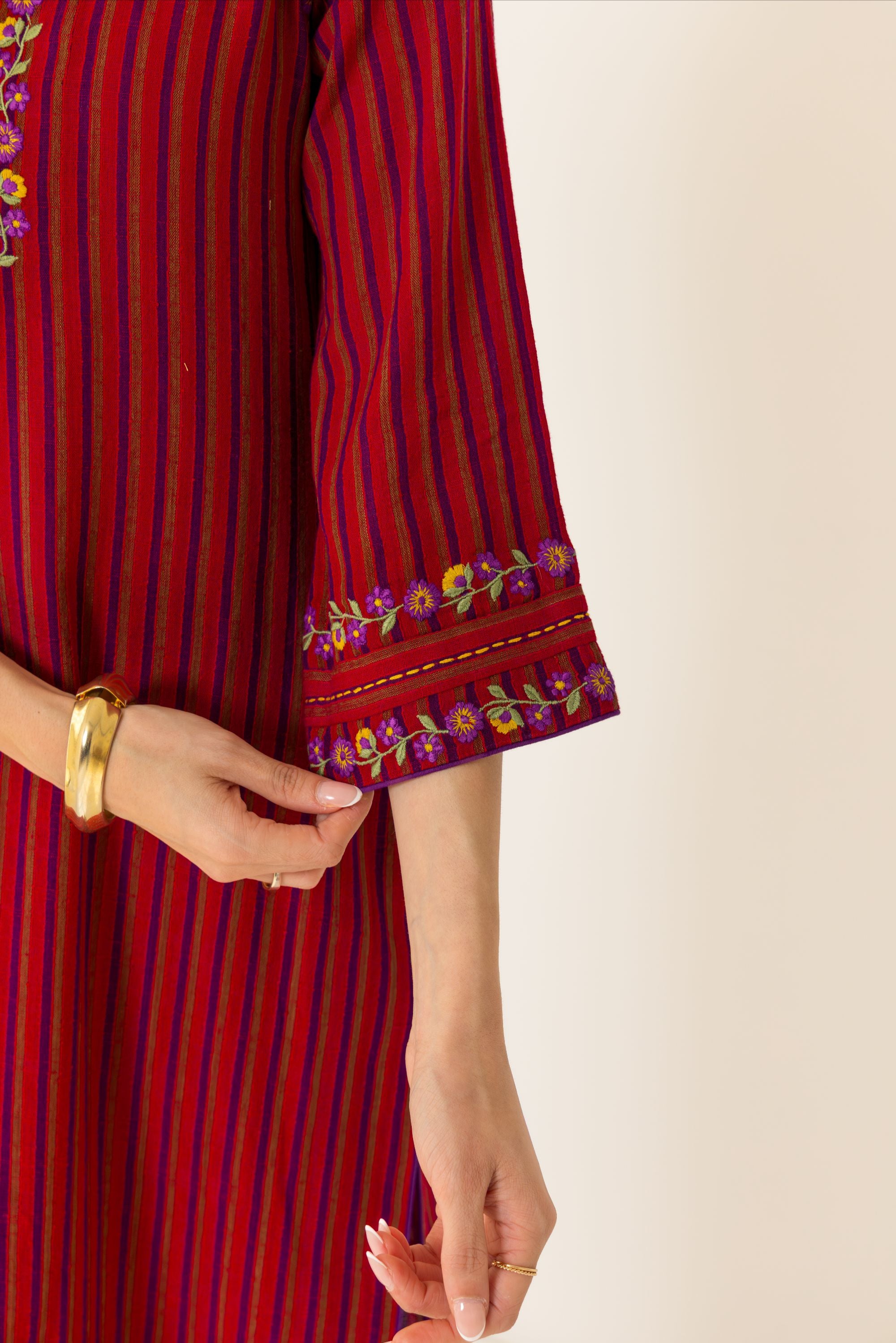 Nyra Red & Purple Embroidered Yarn Dyed Handcrafted Kurta Set (READY TO SHIP)