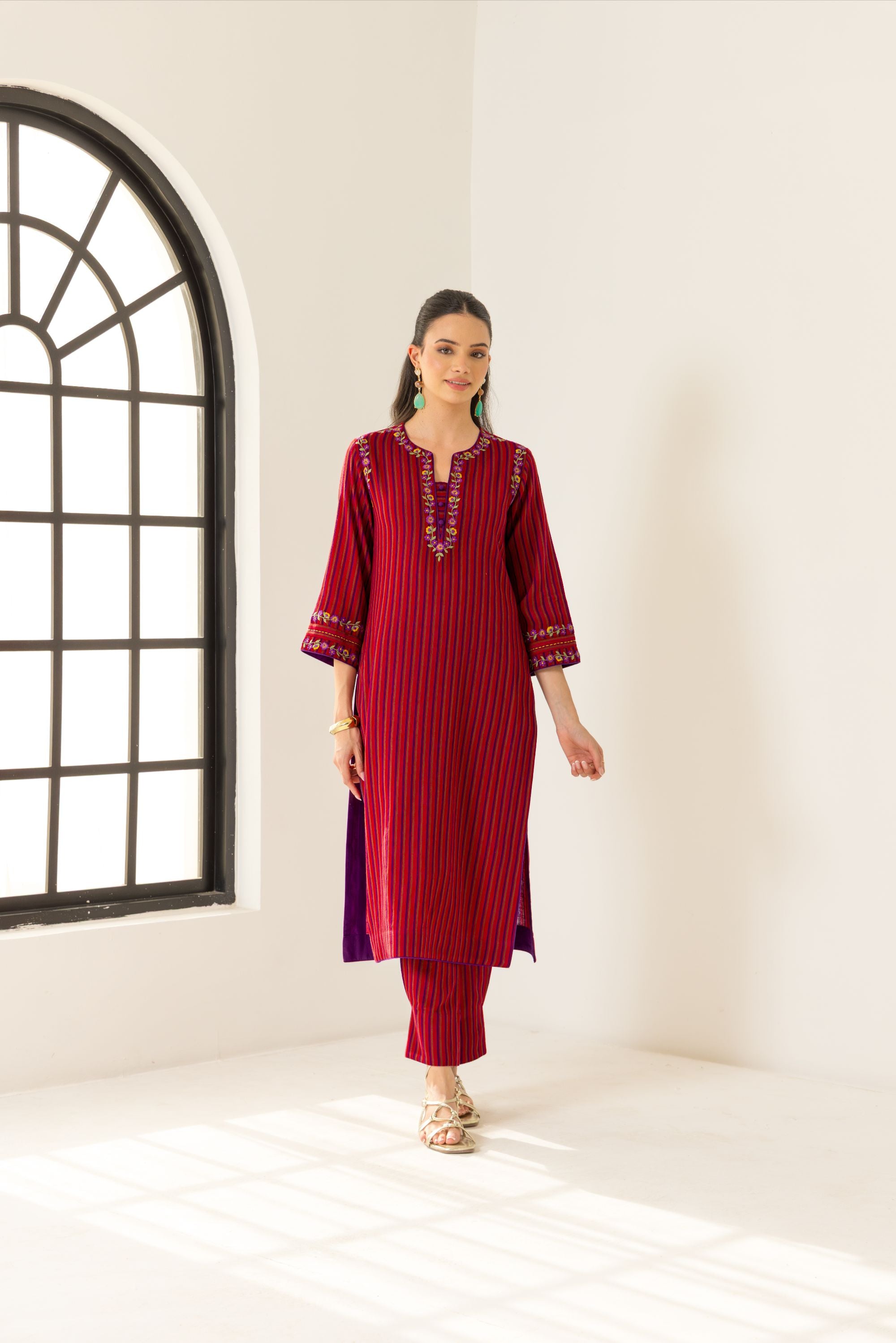 Nyra Red & Purple Embroidered Yarn Dyed Handcrafted Kurta Set (READY TO SHIP)