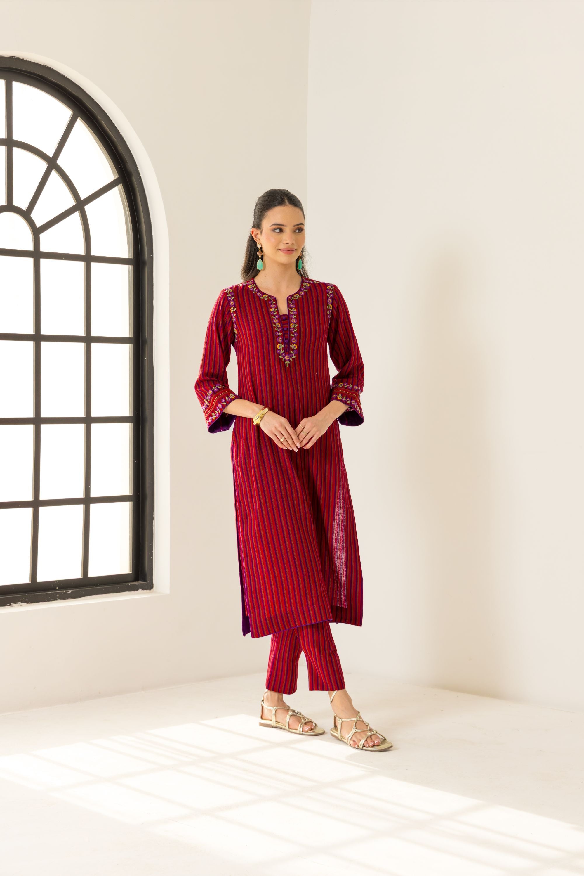 Nyra Red & Purple Embroidered Yarn Dyed Handcrafted Kurta Set (READY TO SHIP)