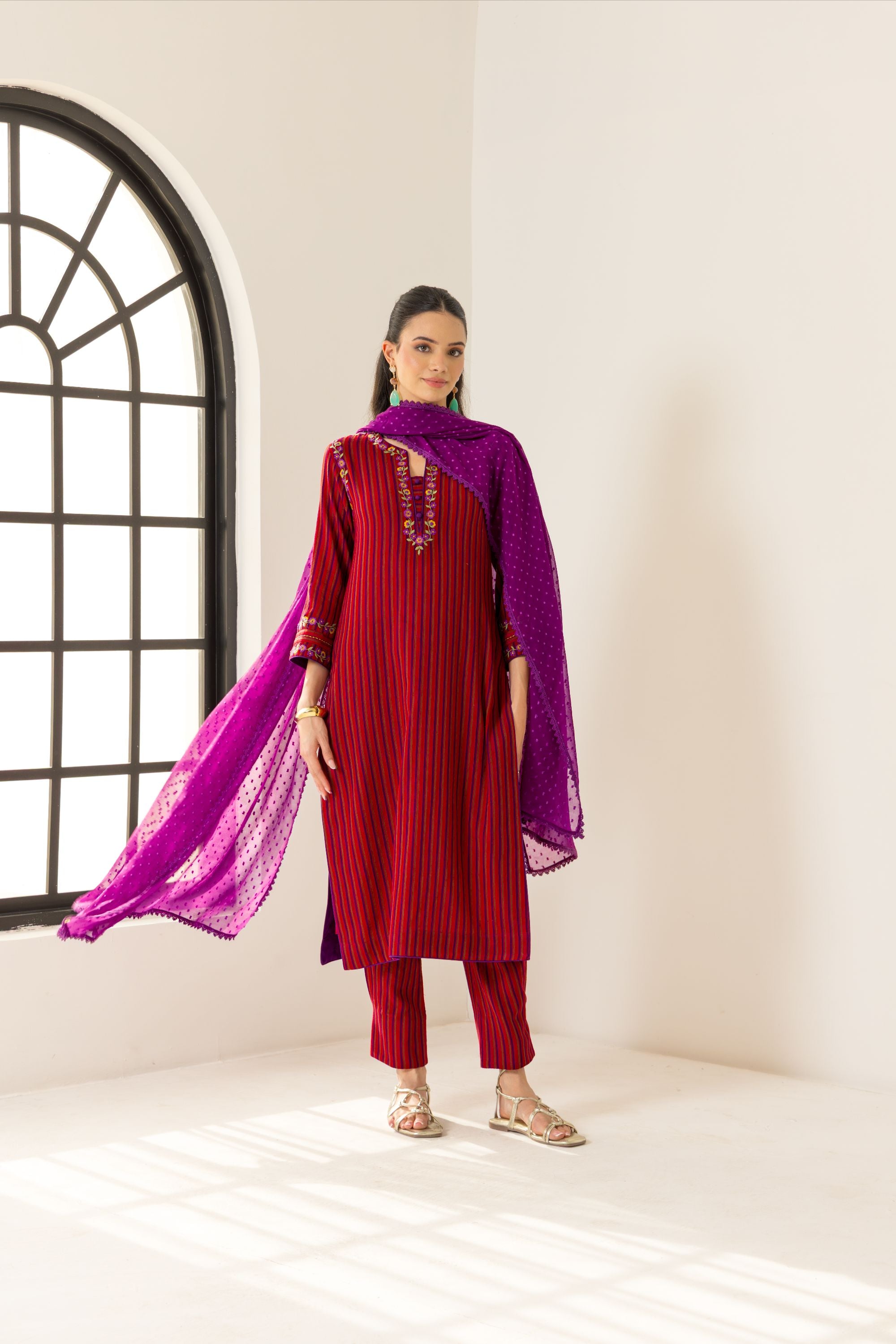 Nyra Red & Purple Embroidered Yarn Dyed Handcrafted Kurta Set
