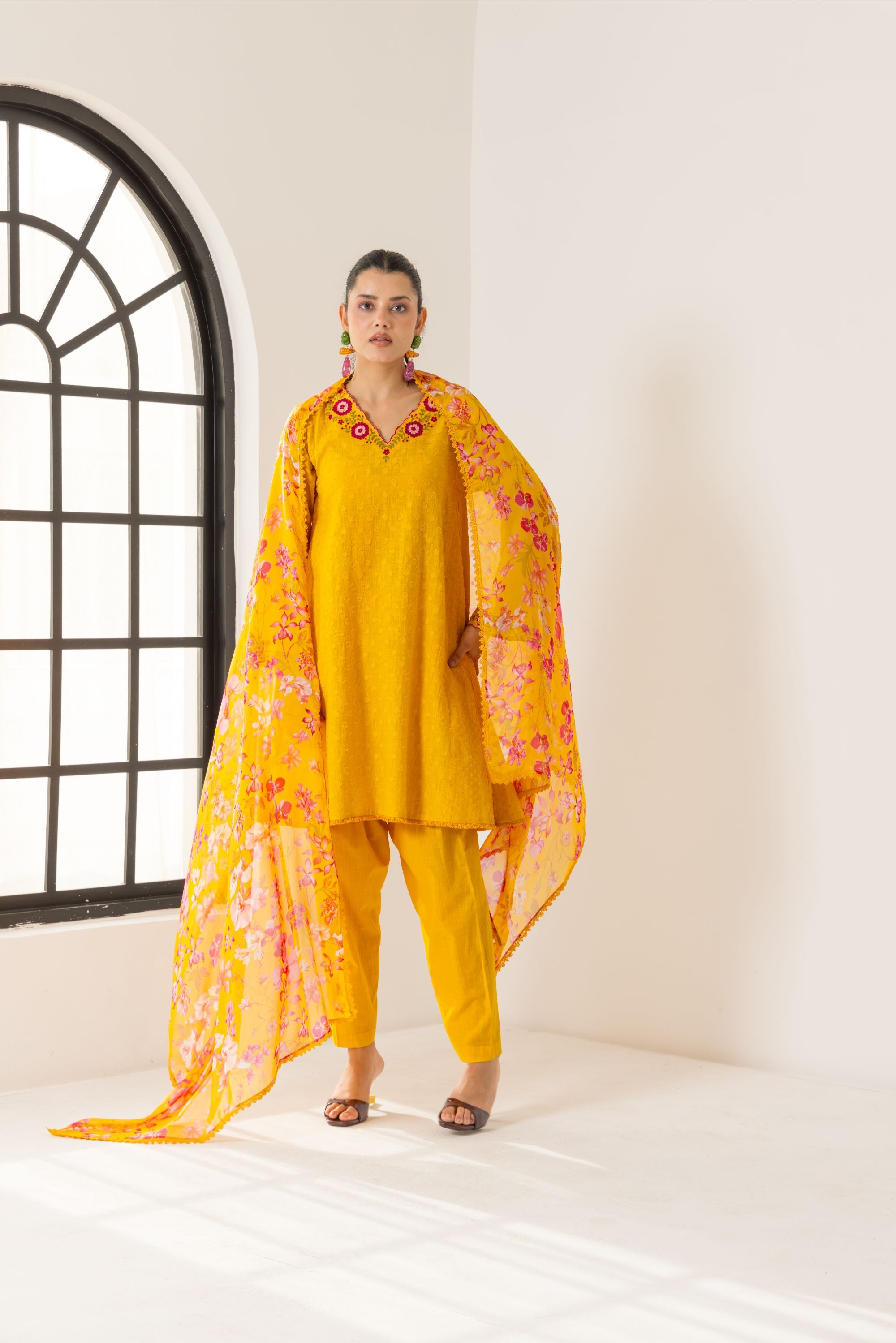 Azra Orange Cotton Slub Jacquard Handcrafted Choga set with Aari Embroidery