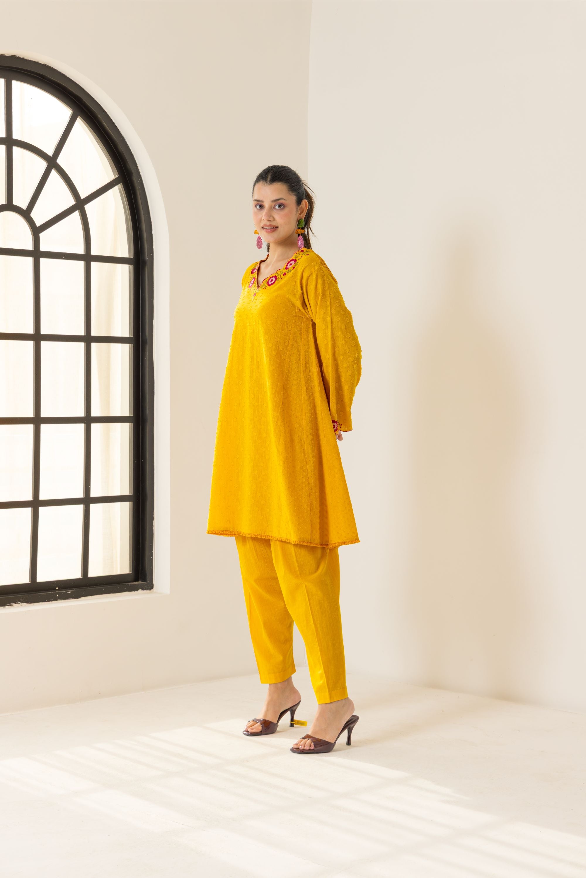 Azra Orange Cotton Slub Jacquard Handcrafted Choga set with Aari Embroidery