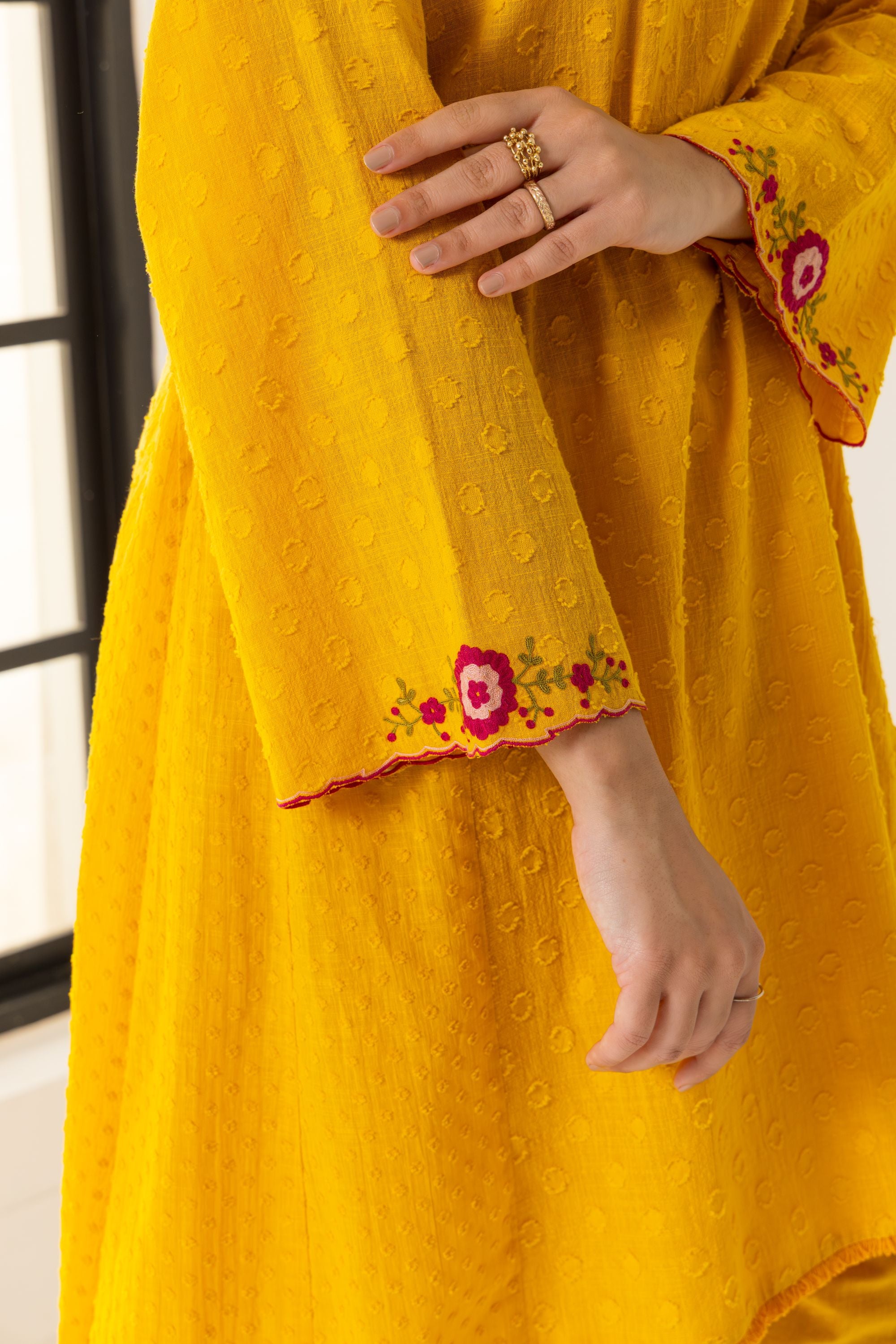 Azra Orange Cotton Slub Jacquard Handcrafted Choga set with Aari Embroidery